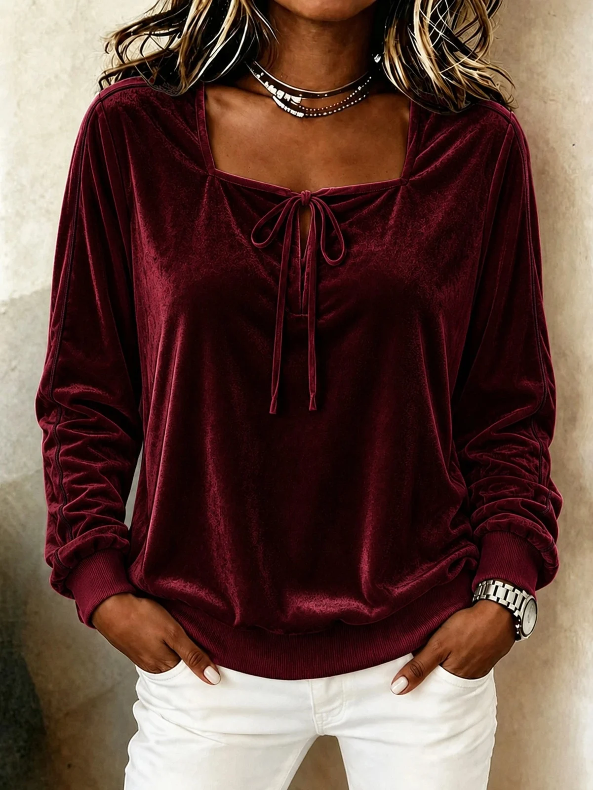 Womens Boat-neck Lace-up T-shirt With A Bow Tie — image 4