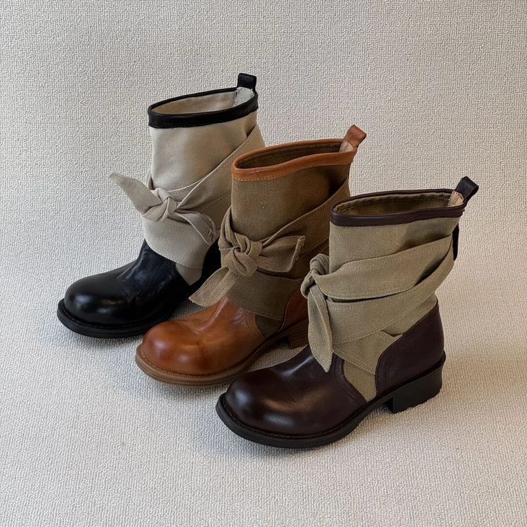 Womens Bow-knot Canvas Low-top Riding Boots — image 5