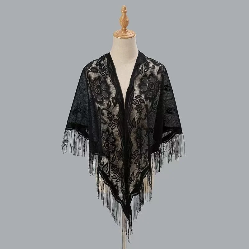 Womens Breathable Lace Triangle Shawl With Floral Design — image 9