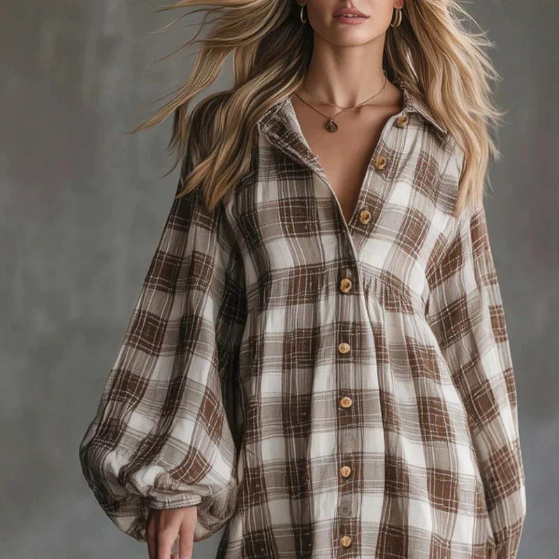 Womens Brown Plaid Short-sleeve Dress — image 4