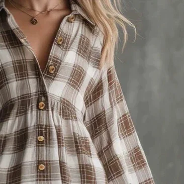 Womens Brown Plaid Short-sleeve Dress — image 1