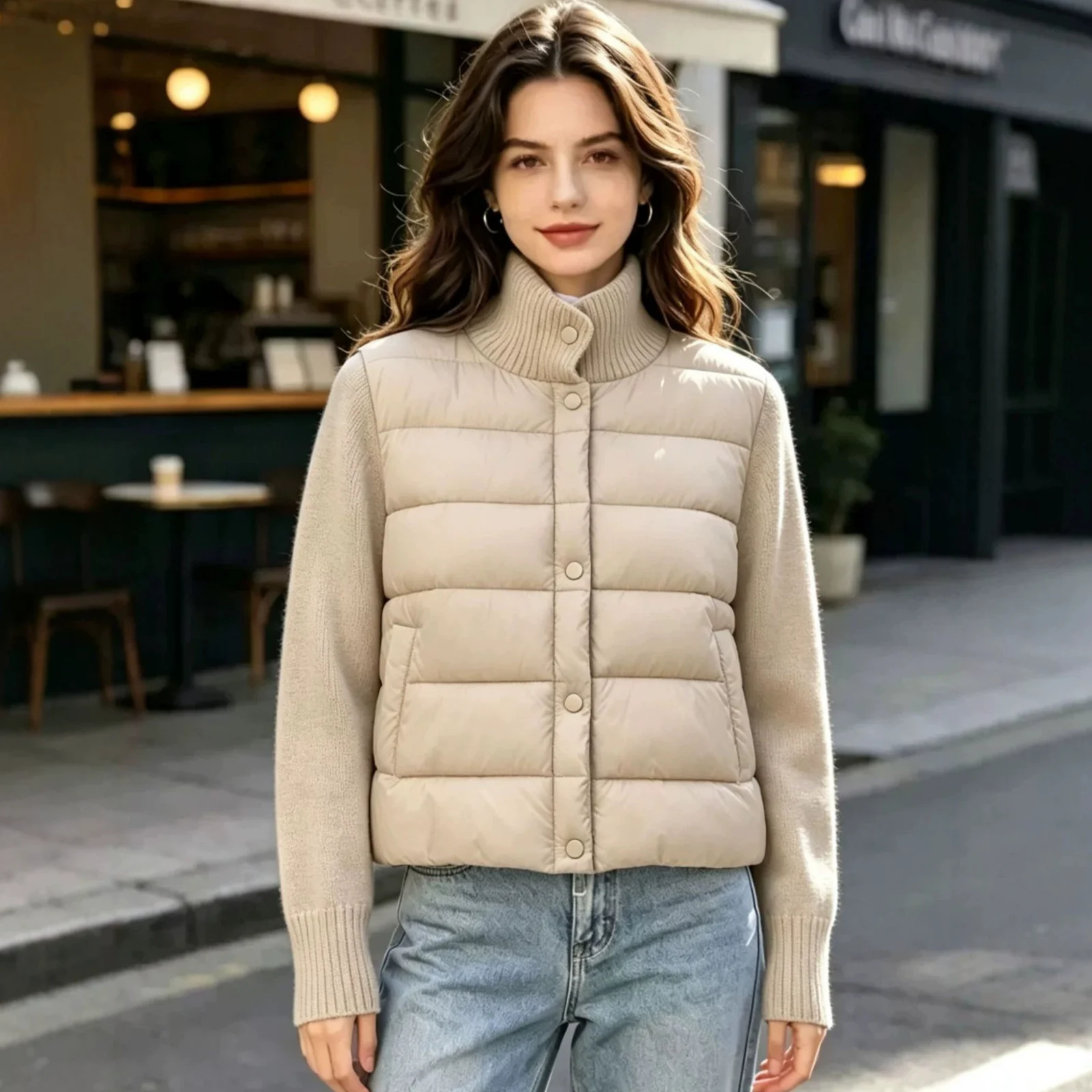 Womens Casual Stand-collar Knitted Cotton Coat — image 8