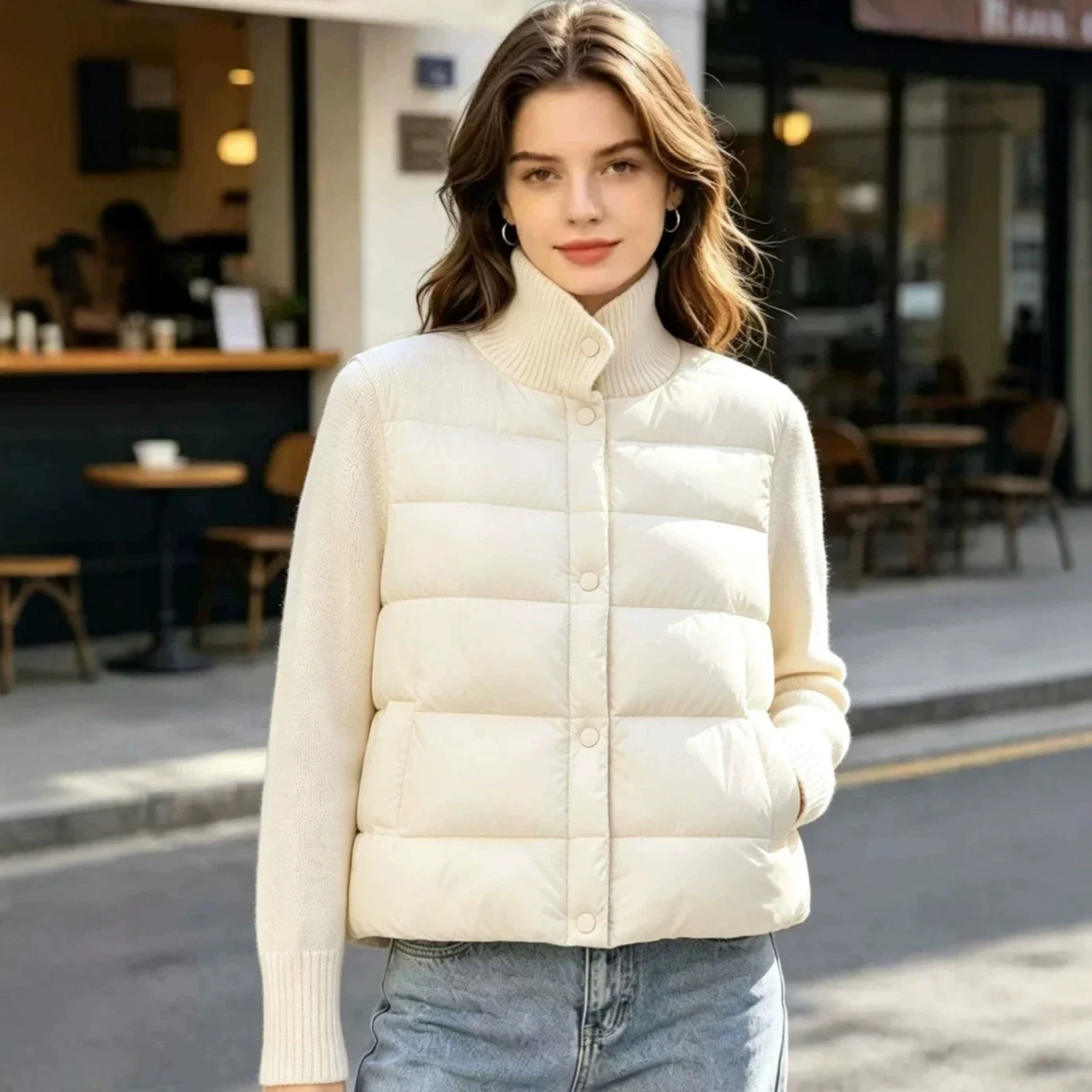 Womens Casual Stand-collar Knitted Cotton Coat — image 5