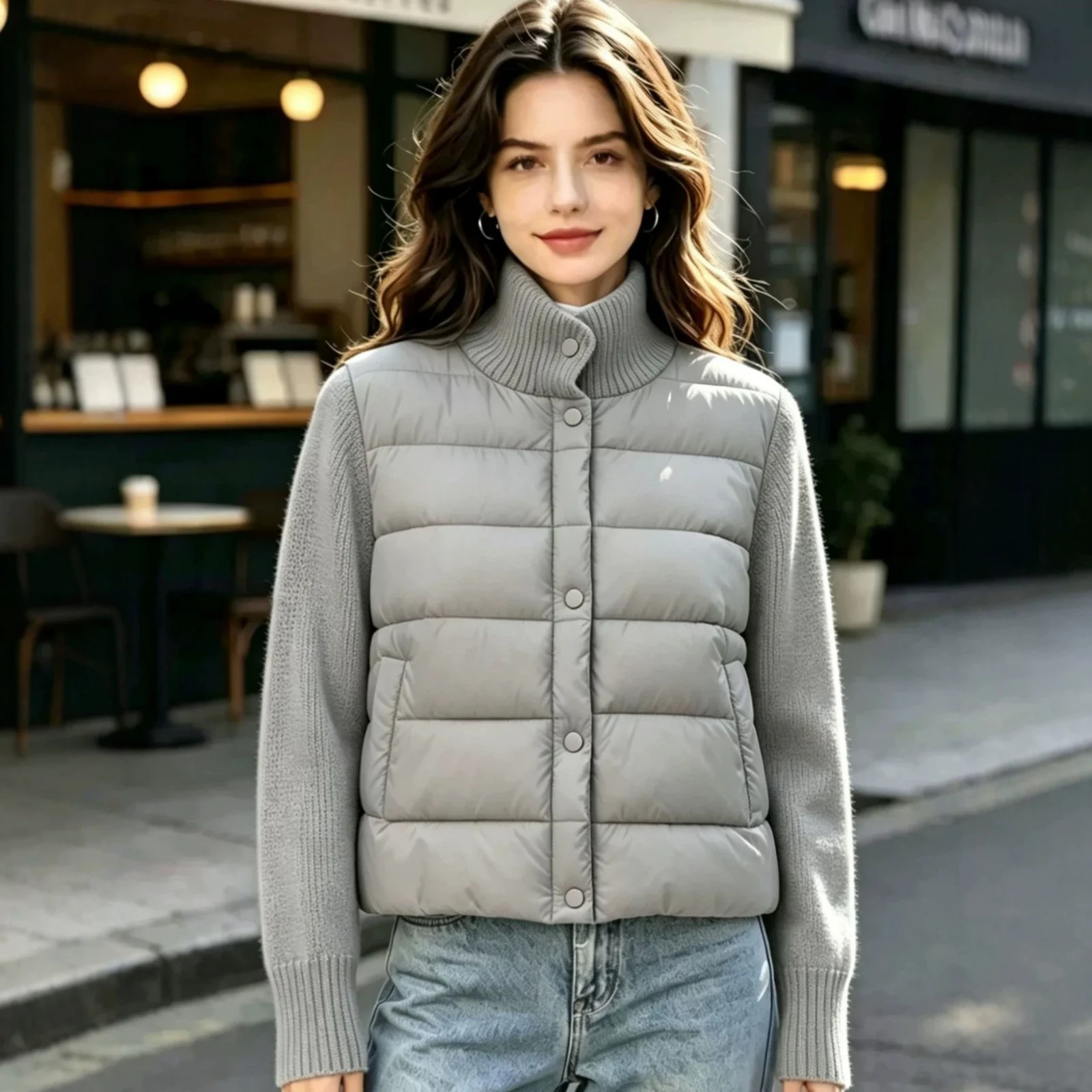 Womens Casual Stand-collar Knitted Cotton Coat — image 7