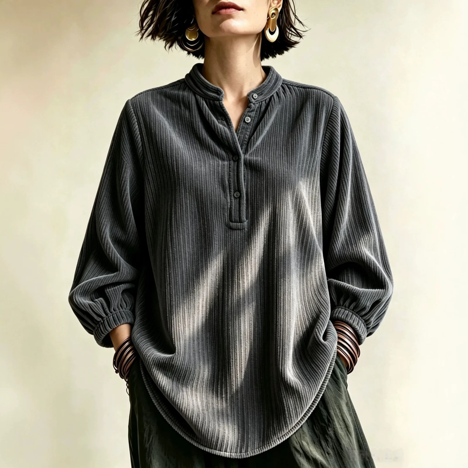 Womens Corduroy Loose-fit Button-up T-shirt — image 8