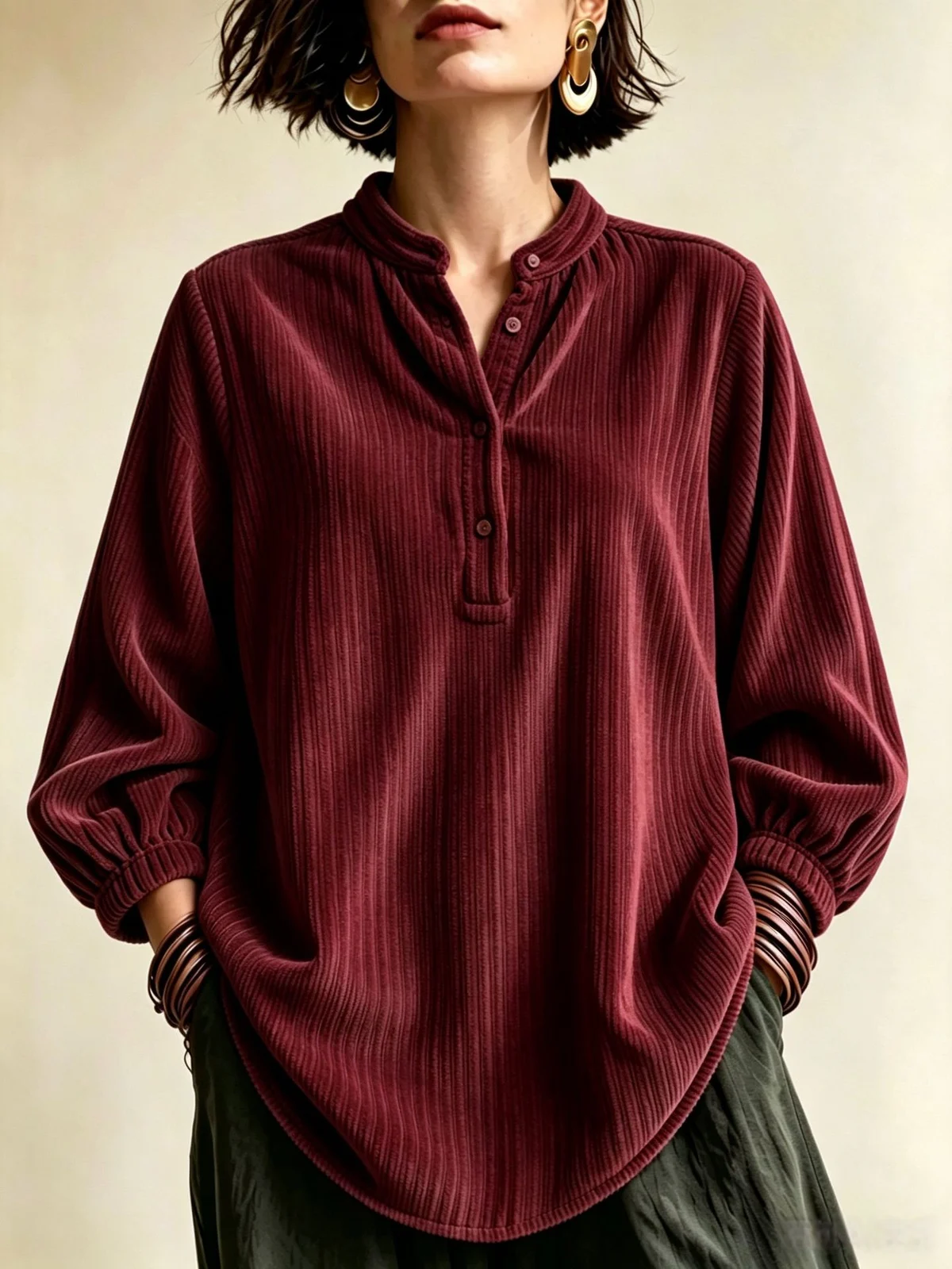 Womens Corduroy Loose-fit Button-up T-shirt — image 9