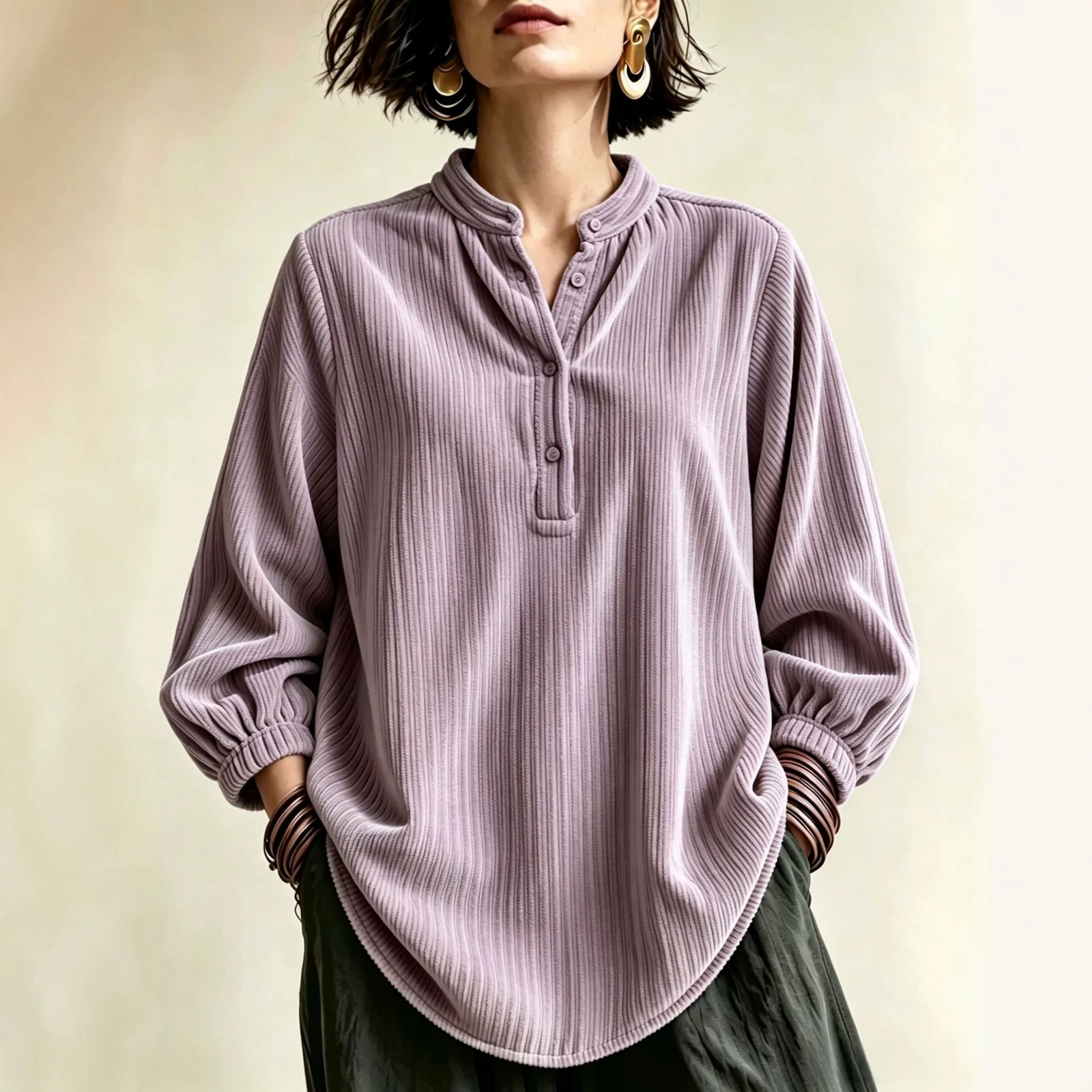 Womens Corduroy Loose-fit Button-up T-shirt — image 6