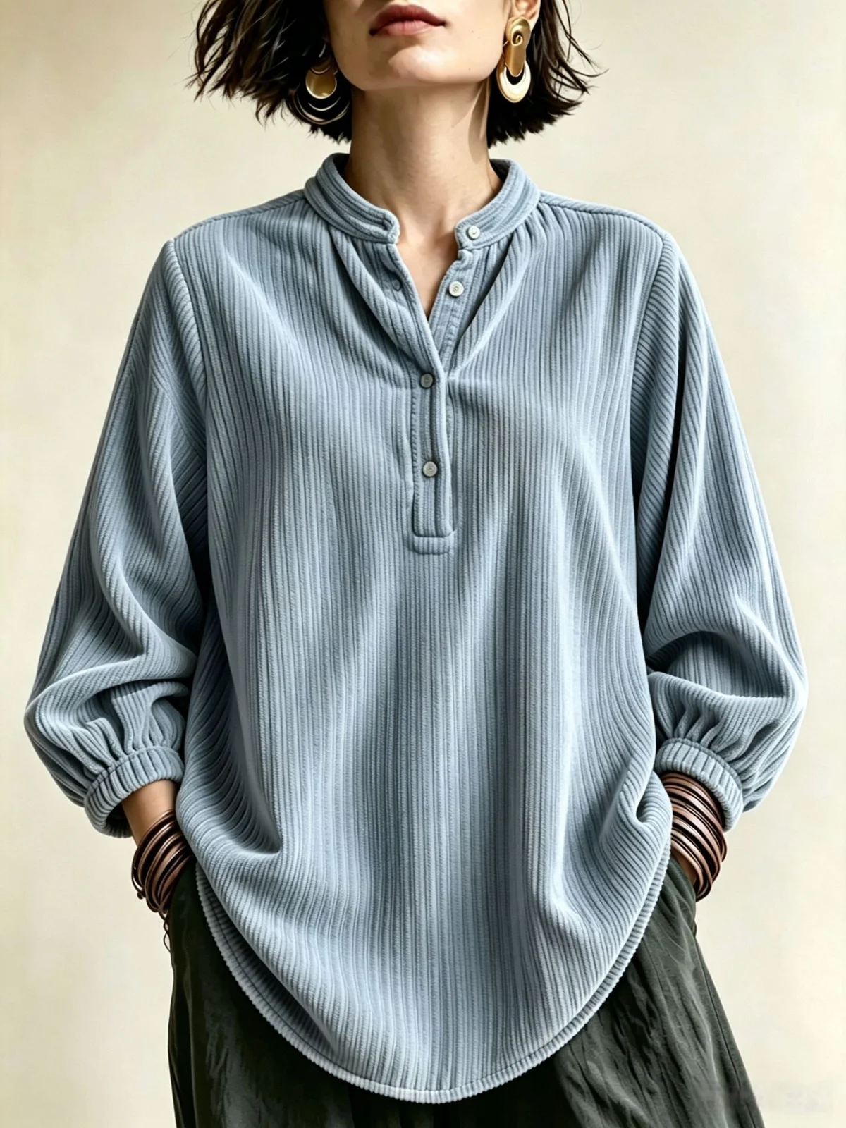Womens Corduroy Loose-fit Button-up T-shirt — image 11