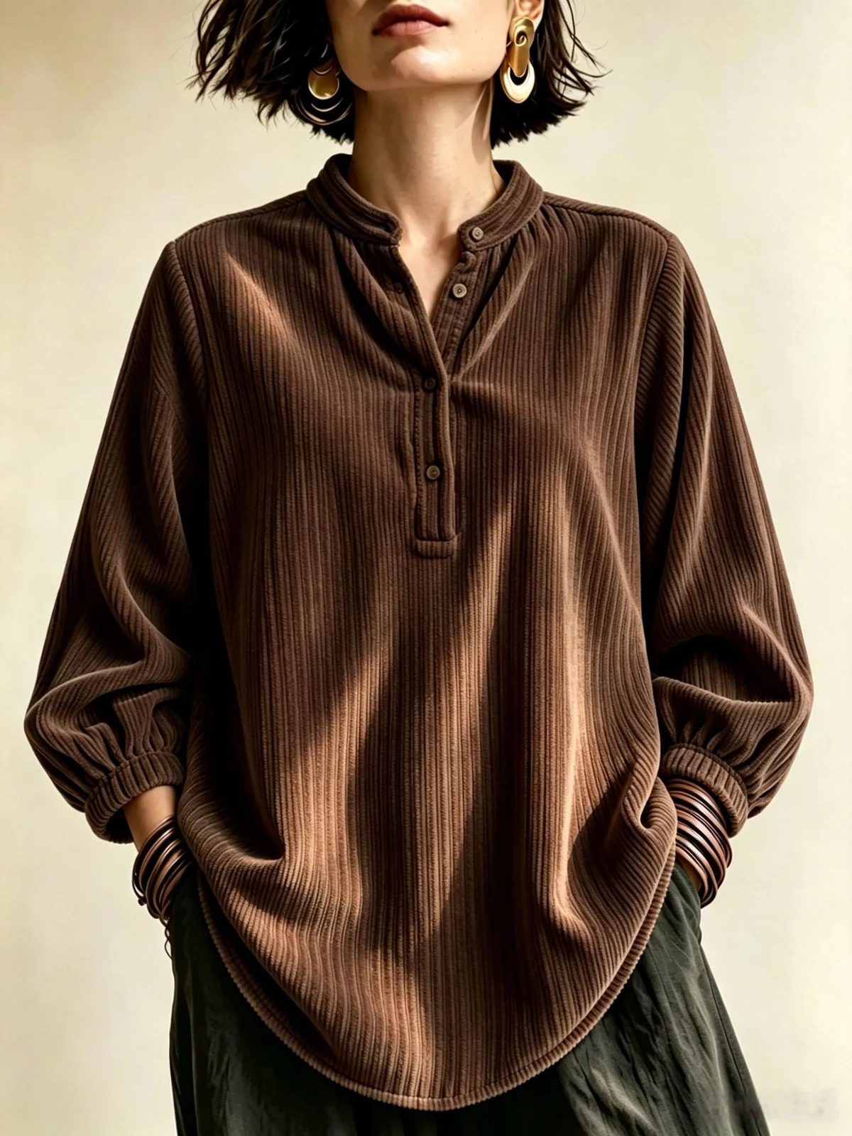Womens Corduroy Loose-fit Button-up T-shirt — image 10