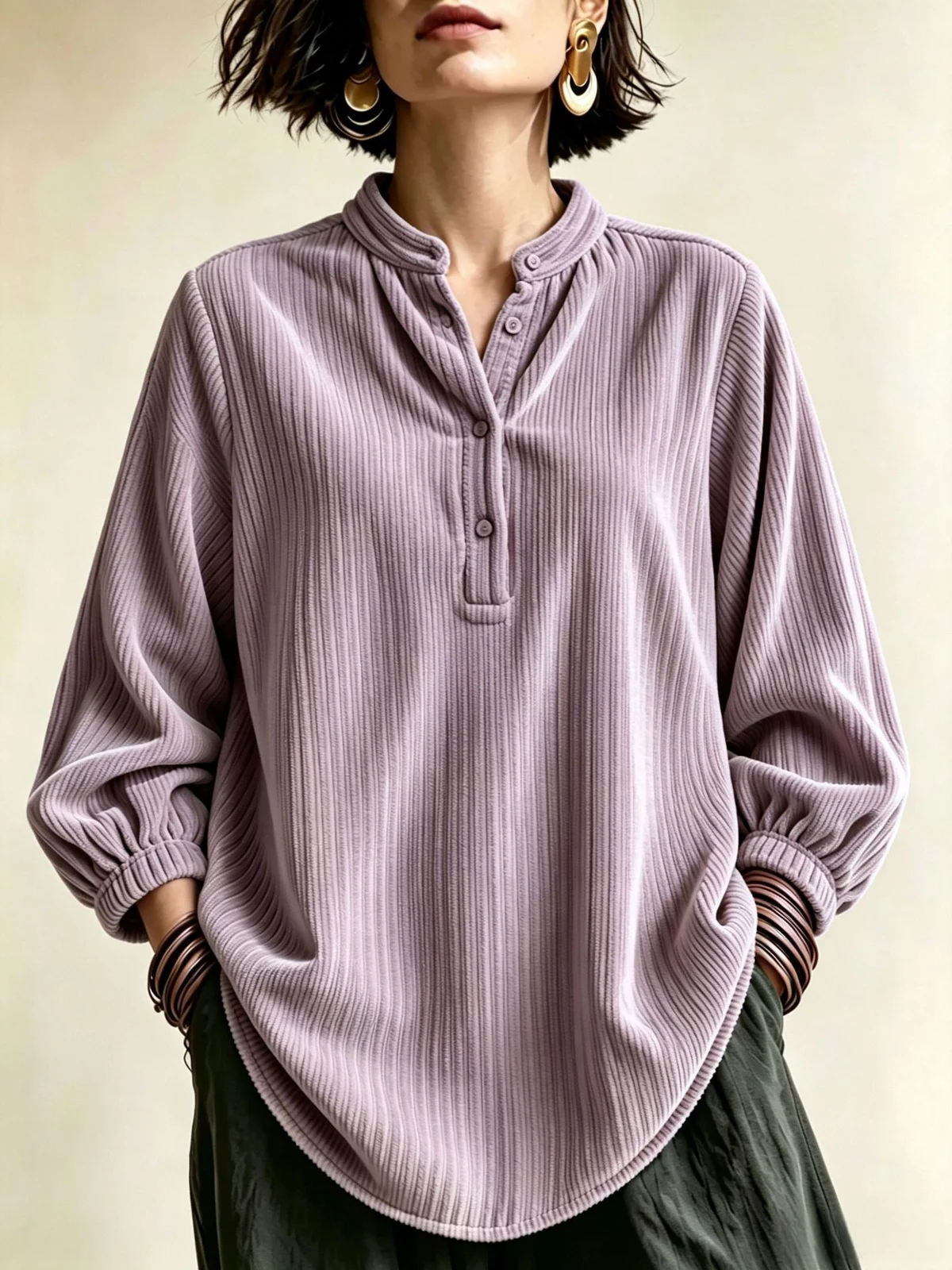 Womens Corduroy Loose-fit Button-up T-shirt — image 2