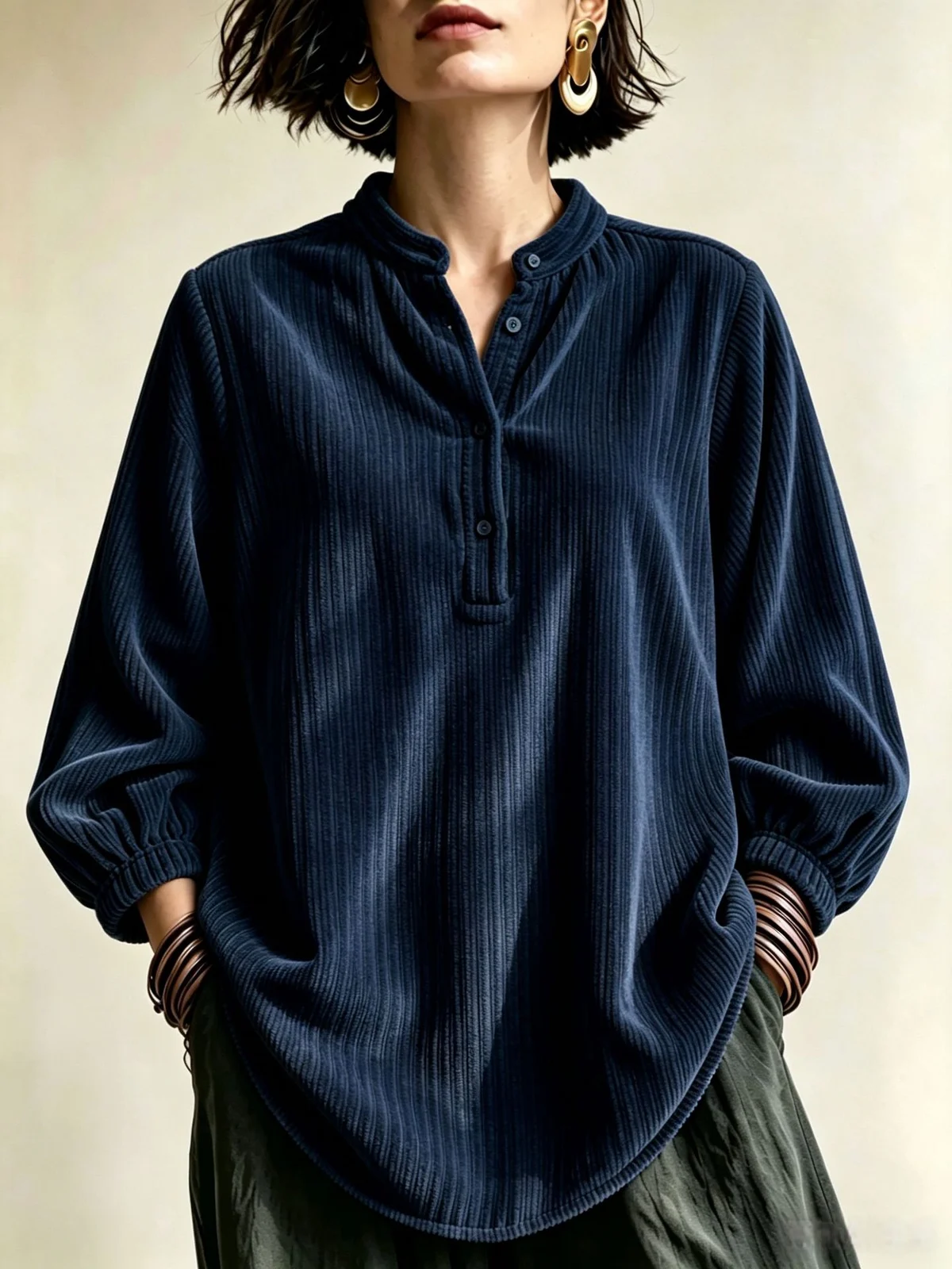 Womens Corduroy Loose-fit Button-up T-shirt — image 7