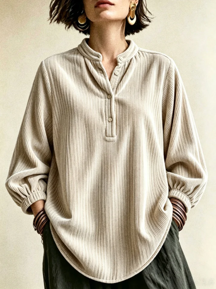 Womens Corduroy Loose-fit Button-up T-shirt — image 5