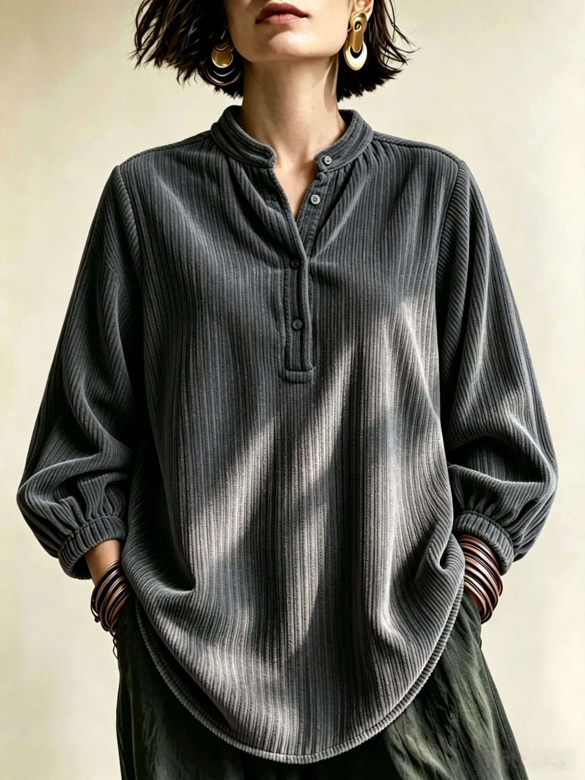 Womens Corduroy Loose-fit Button-up T-shirt — image 3