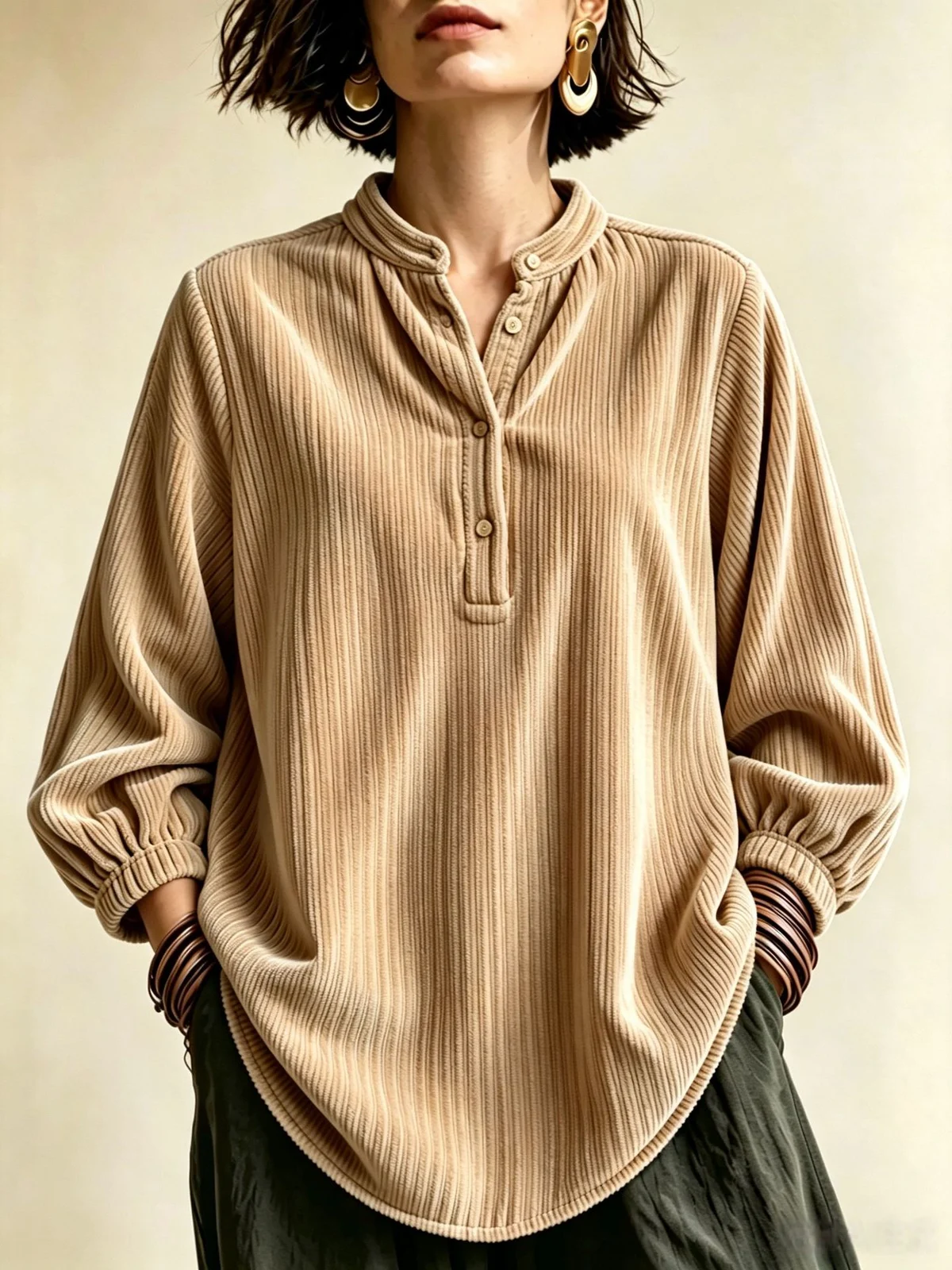 Womens Corduroy Loose-fit Button-up T-shirt — image 4