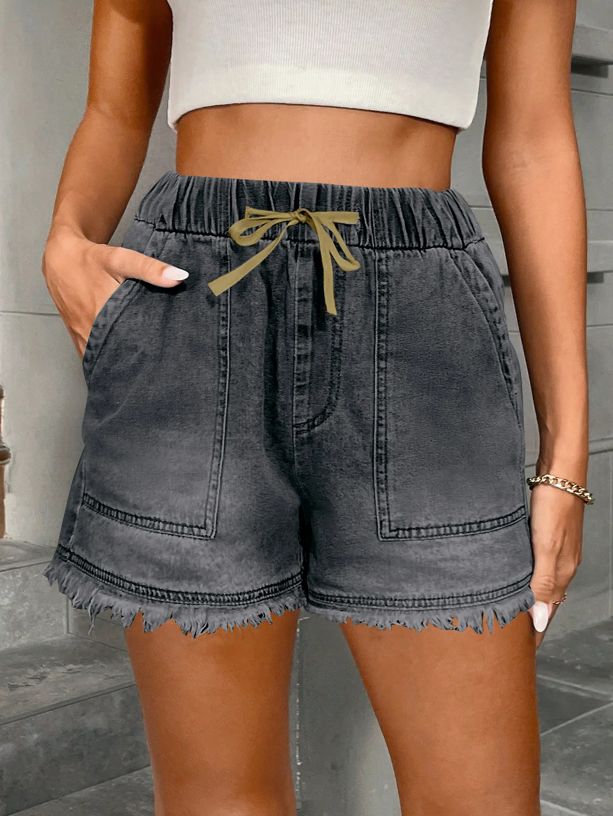 Womens Denim Shorts With Elastic Waist And Drawstring — image 9