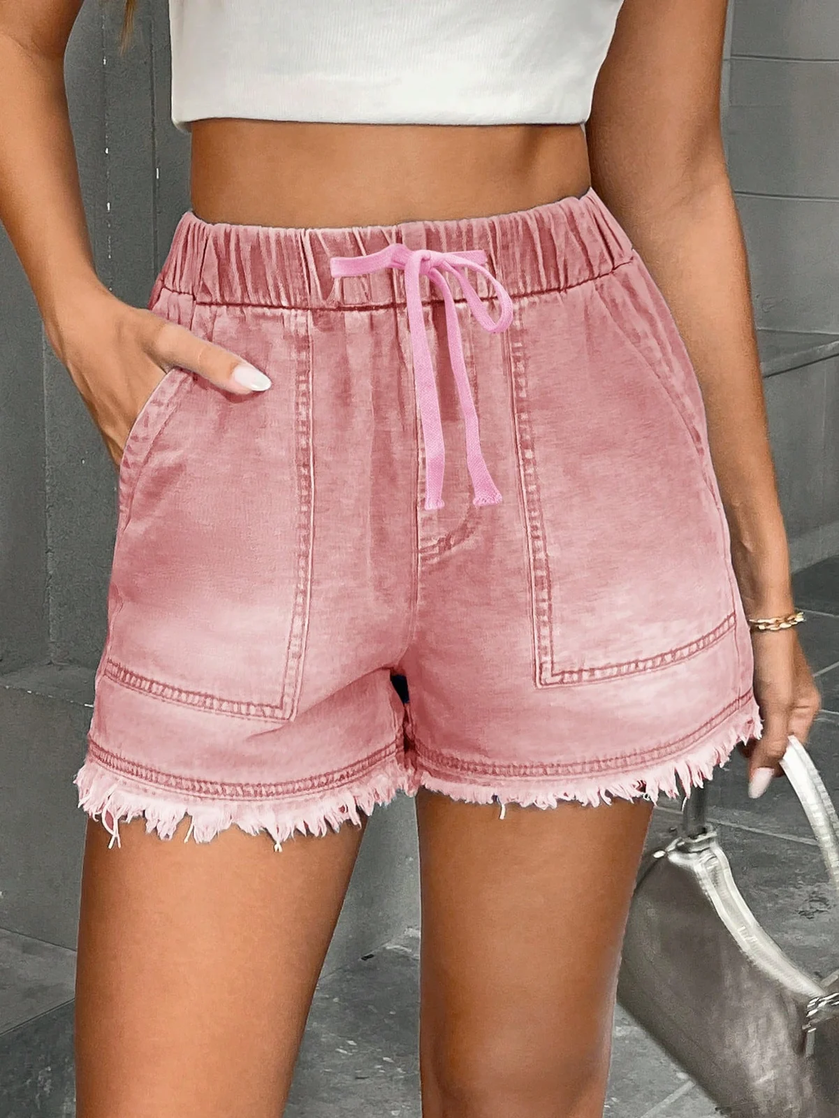 Womens Denim Shorts With Elastic Waist And Drawstring — image 4