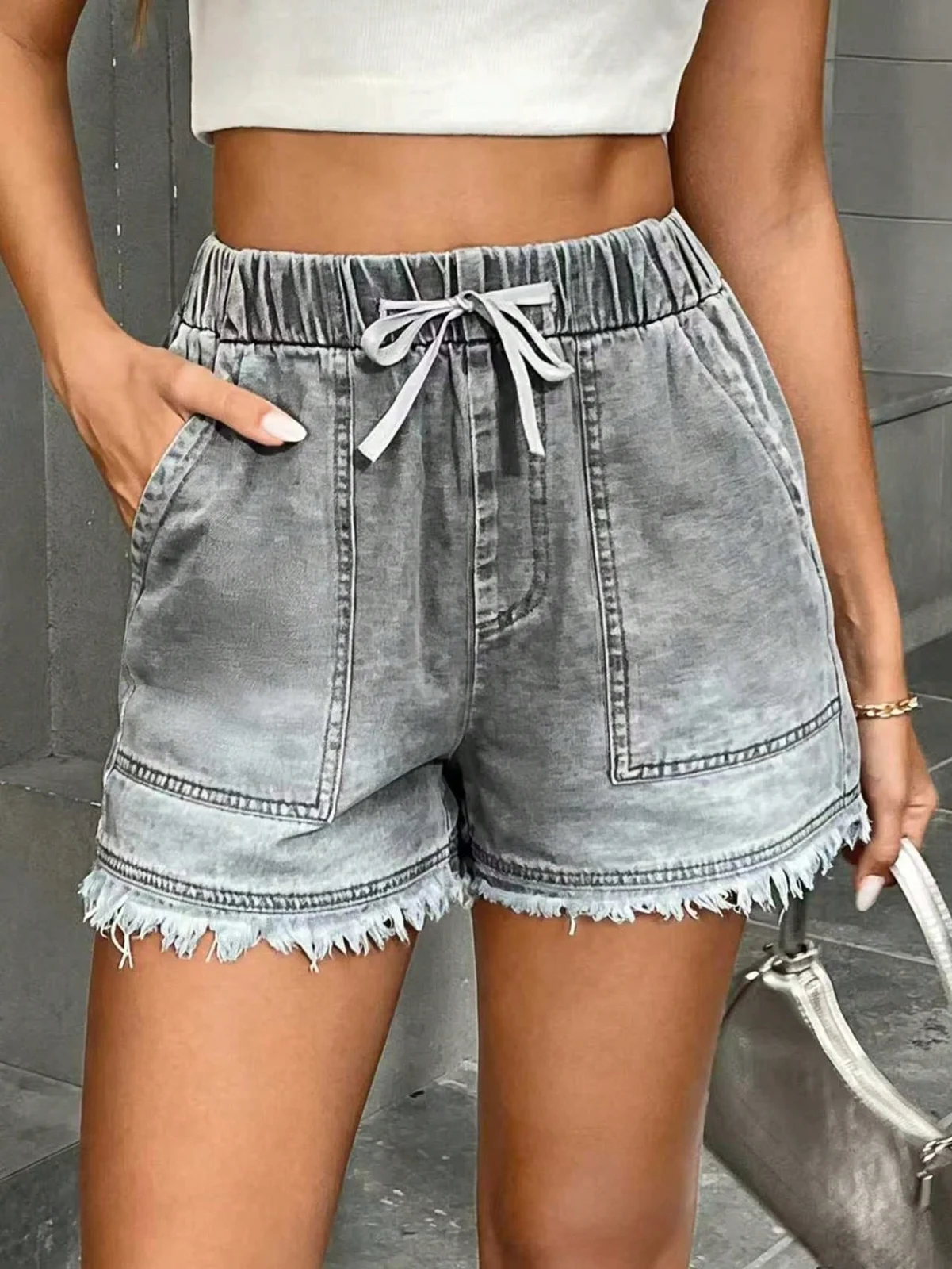 Womens Denim Shorts With Elastic Waist And Drawstring — image 1