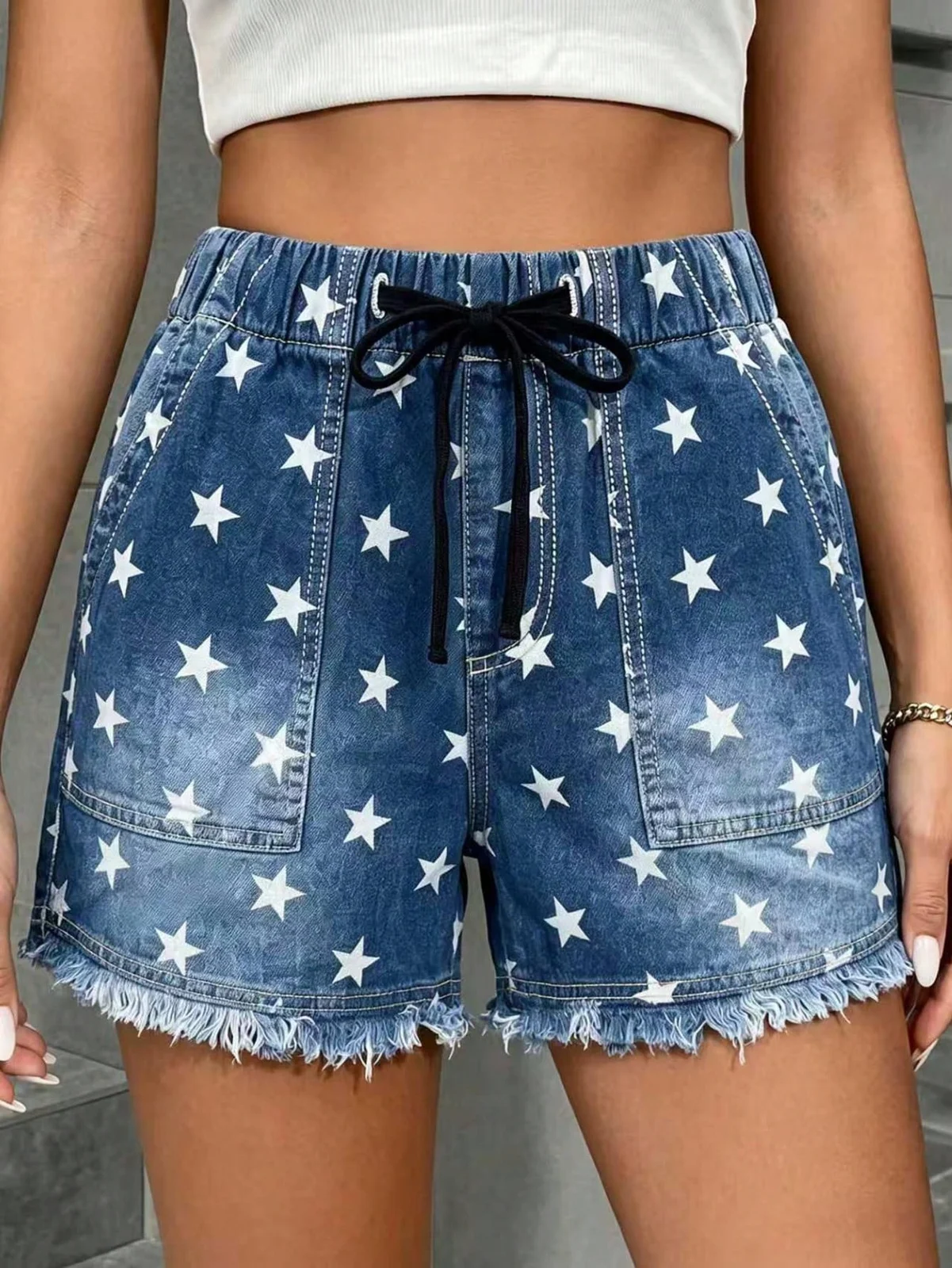 Womens Denim Shorts With Elastic Waist And Drawstring — image 12