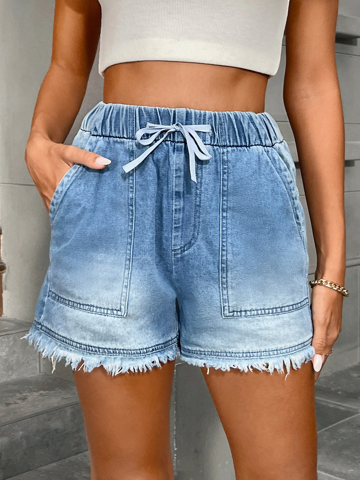 Womens Denim Shorts With Elastic Waist And Drawstring — image 7