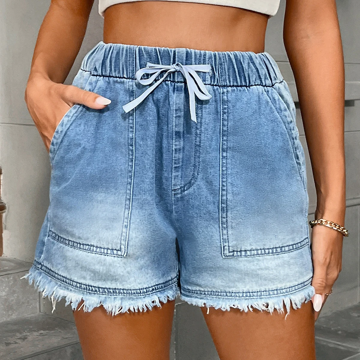 Womens Denim Shorts With Elastic Waist And Drawstring — image 8