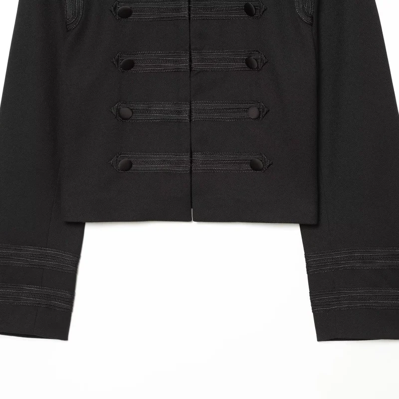 Womens Elegant Napoleon-button Stand-collar Padded-shoulder Twill Coat — image 3
