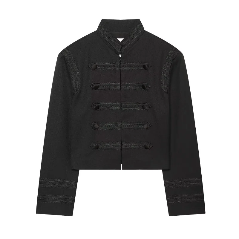 Womens Elegant Napoleon-button Stand-collar Padded-shoulder Twill Coat — image 2