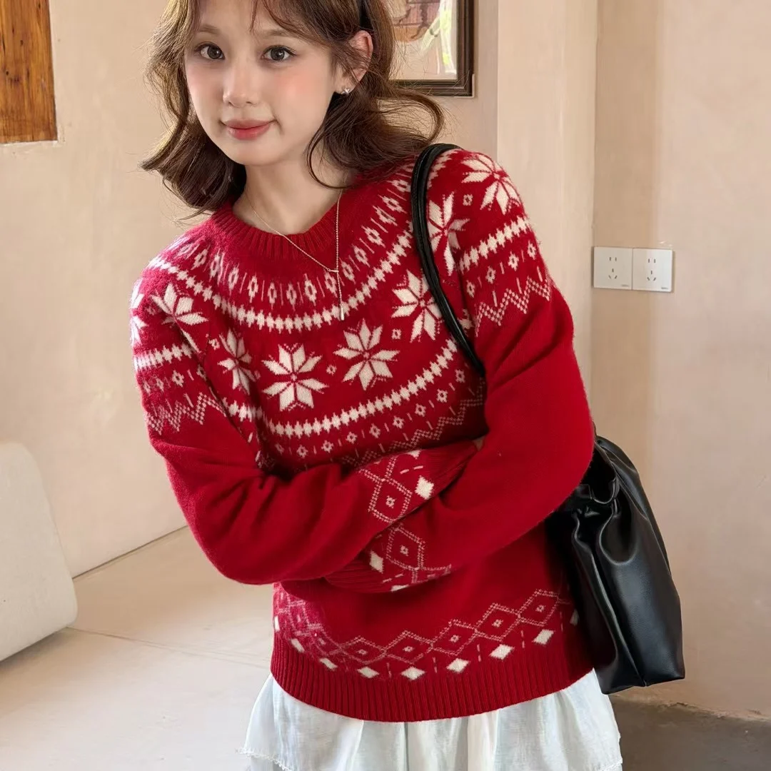 Womens Fair Isle Knit Sweater Round-neck Parent-child Matching Outfit — image 8