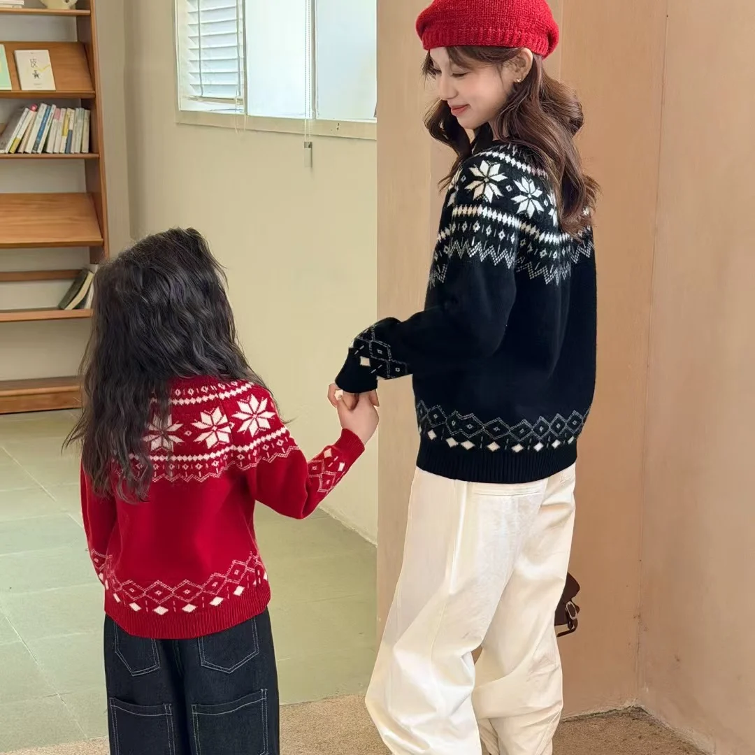 Womens Fair Isle Knit Sweater Round-neck Parent-child Matching Outfit — image 3