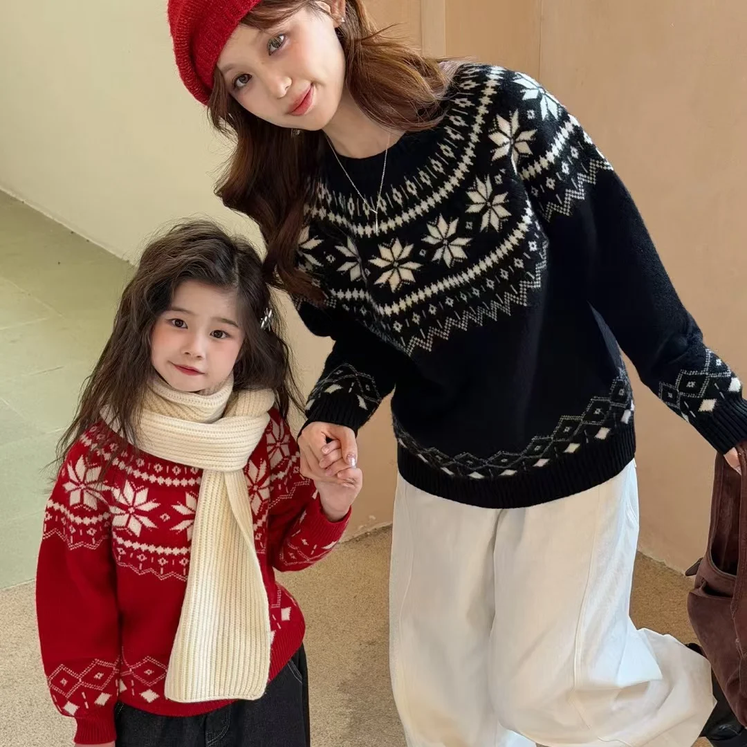 Womens Fair Isle Knit Sweater Round-neck Parent-child Matching Outfit — image 2