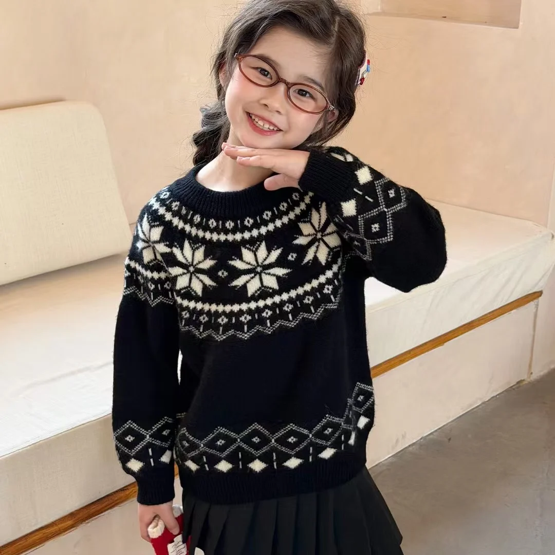 Womens Fair Isle Knit Sweater Round-neck Parent-child Matching Outfit — image 4