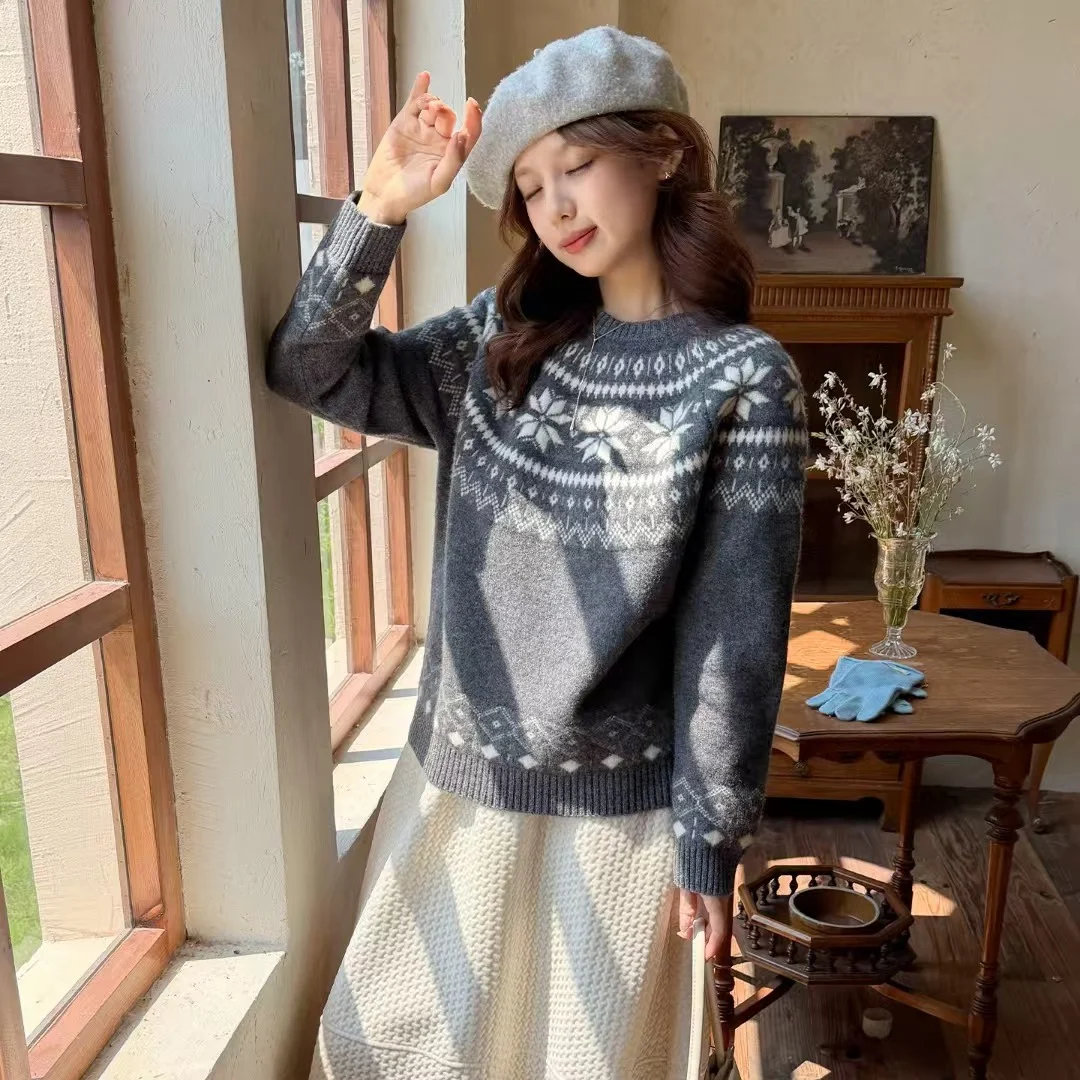 Womens Fair Isle Knit Sweater Round-neck Parent-child Matching Outfit — image 6