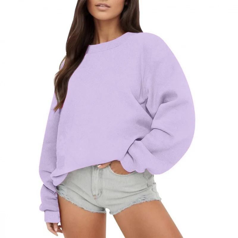 Womens Fleece-lined Crew-neck Casual Loose-fitting Top — image 1