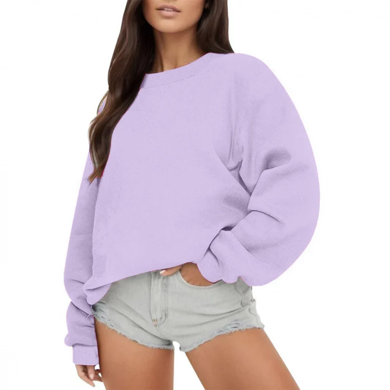 Womens Fleece-lined Crew-neck Casual Loose-fitting Top — image 2