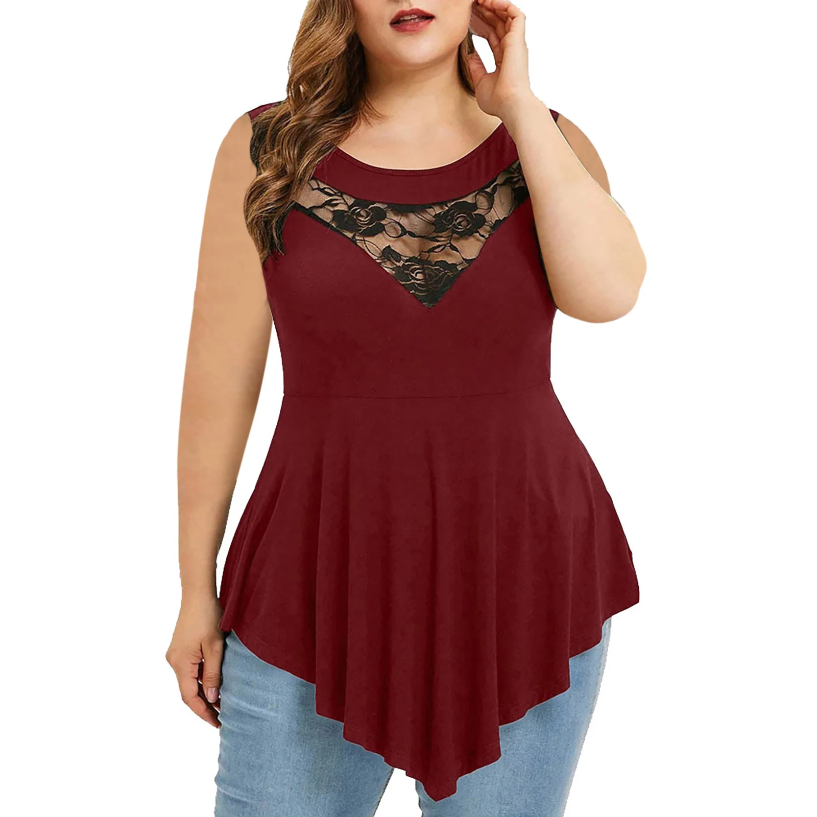 Womens Floral Lace Sleeveless Irregular-hem Sheer Round-neck Top — image 5