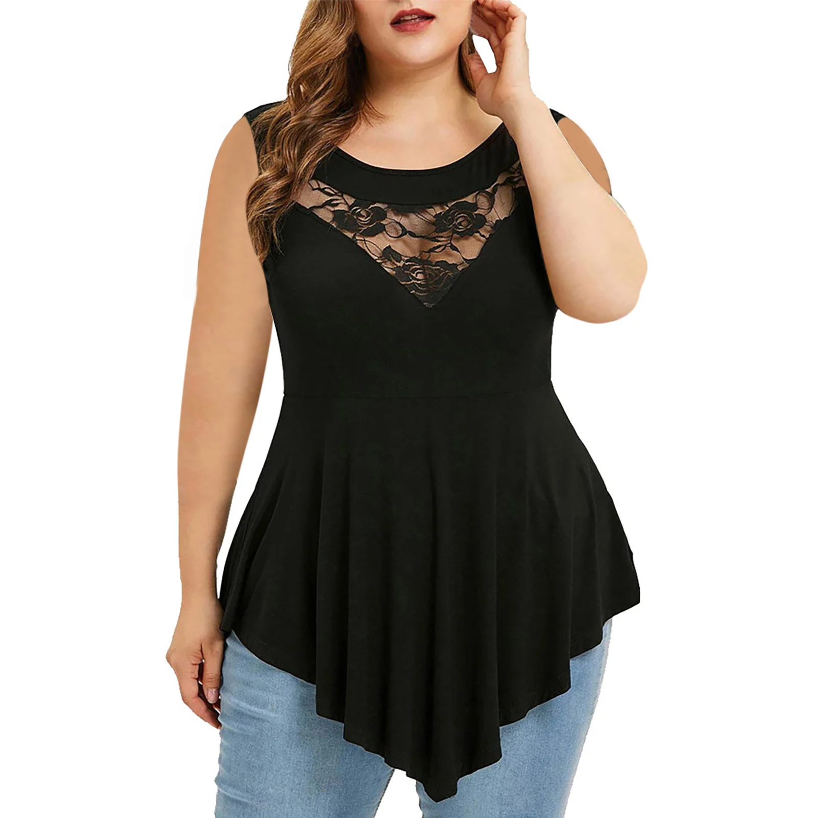 Womens Floral Lace Sleeveless Irregular-hem Sheer Round-neck Top — image 2