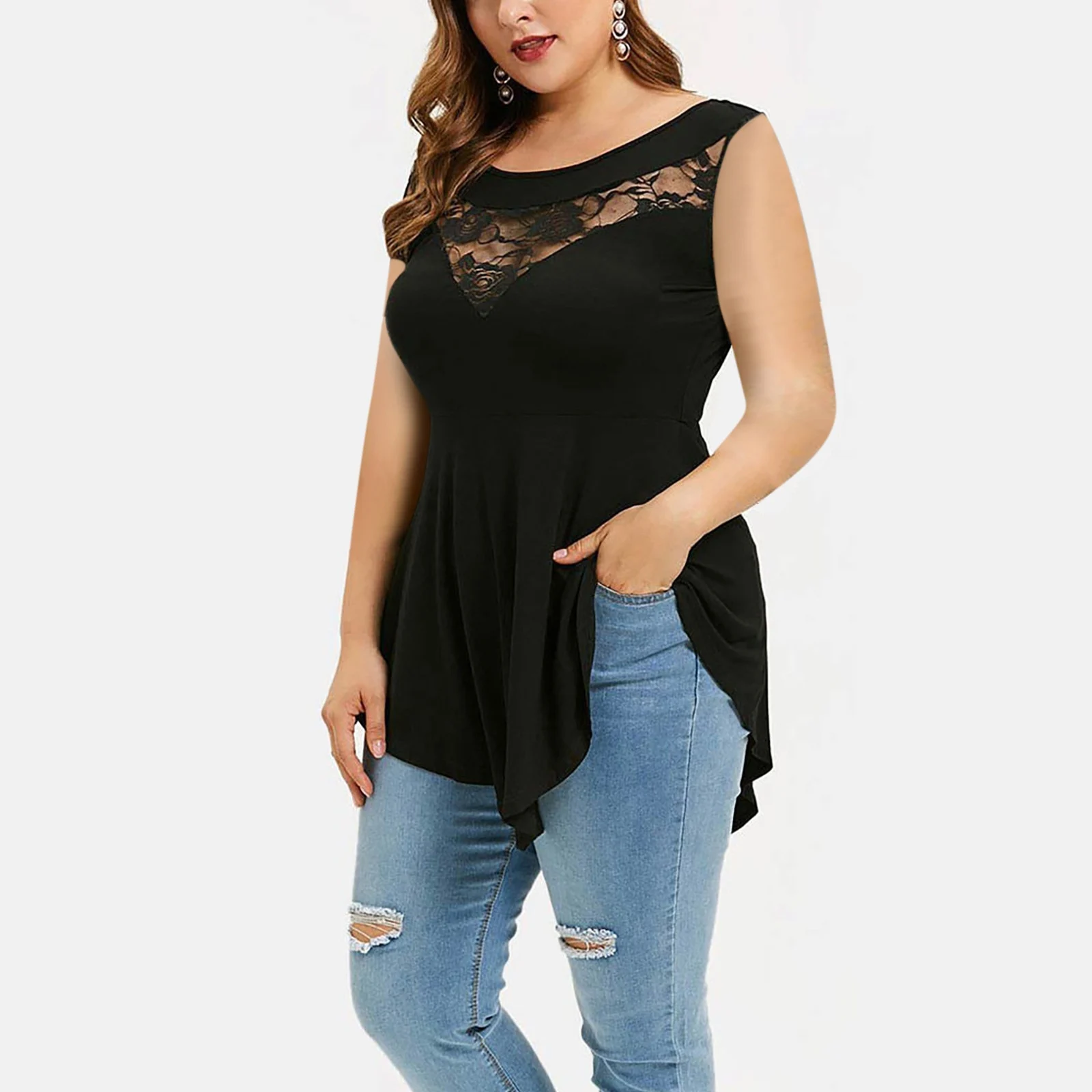 Womens Floral Lace Sleeveless Irregular-hem Sheer Round-neck Top — image 6