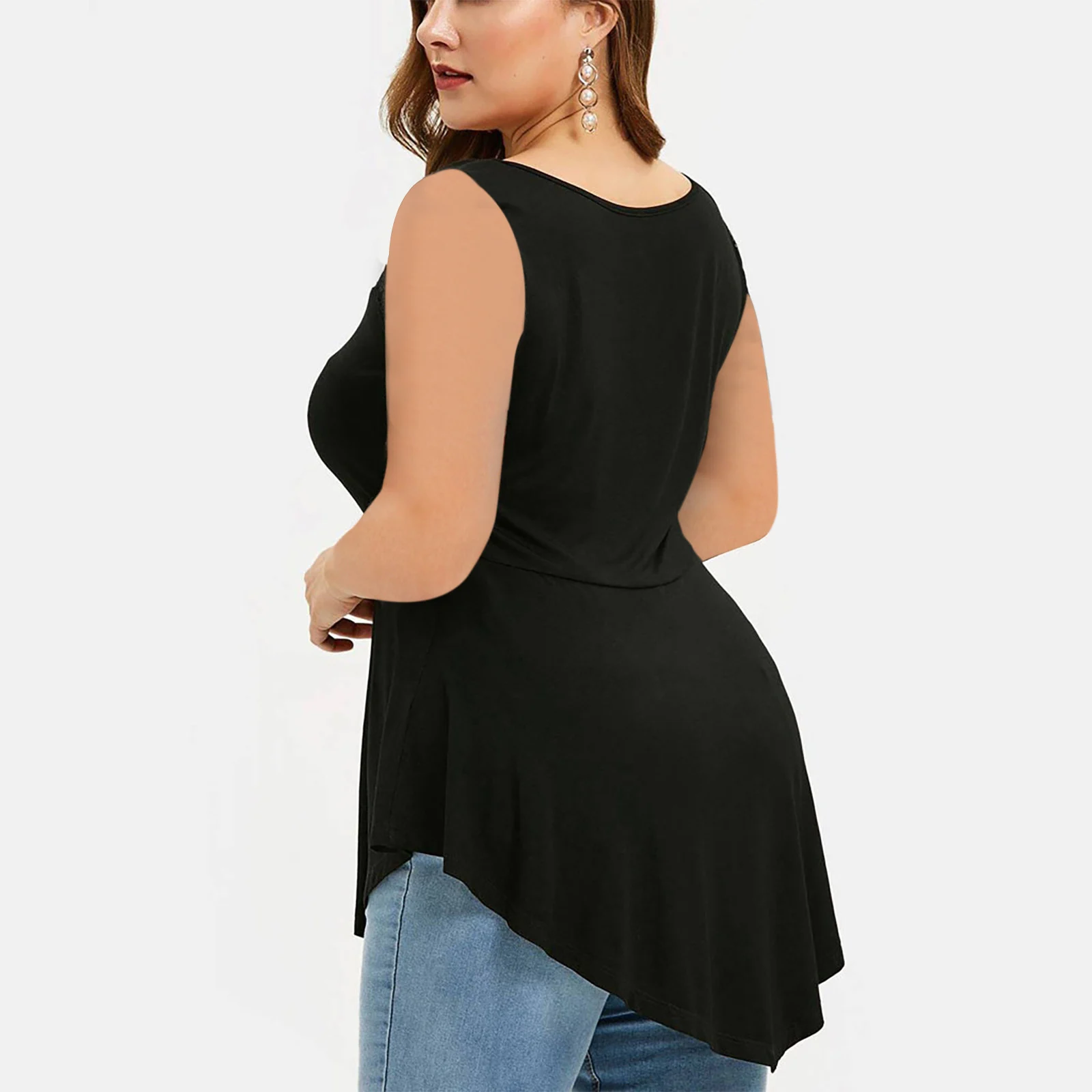 Womens Floral Lace Sleeveless Irregular-hem Sheer Round-neck Top — image 1