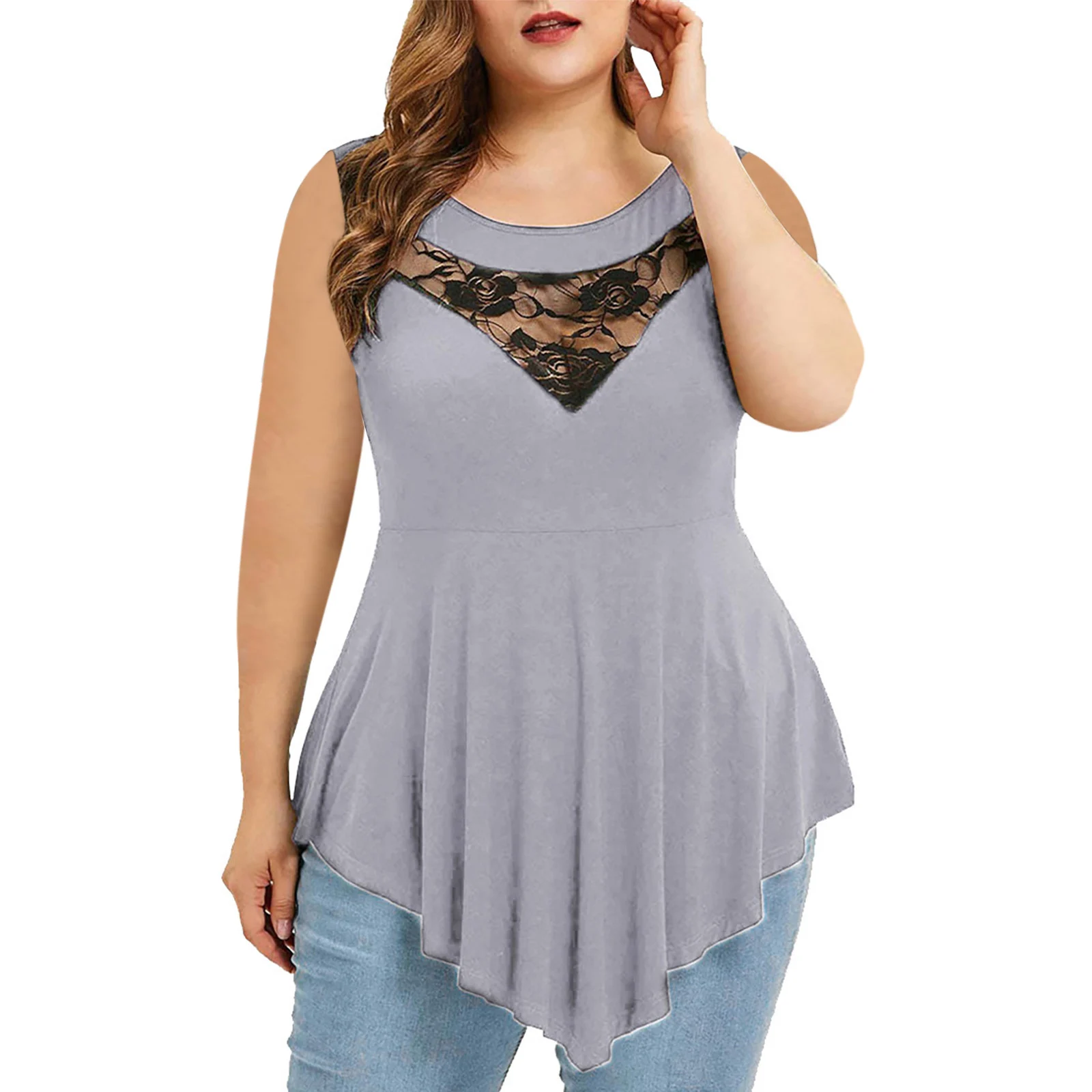 Womens Floral Lace Sleeveless Irregular-hem Sheer Round-neck Top — image 3