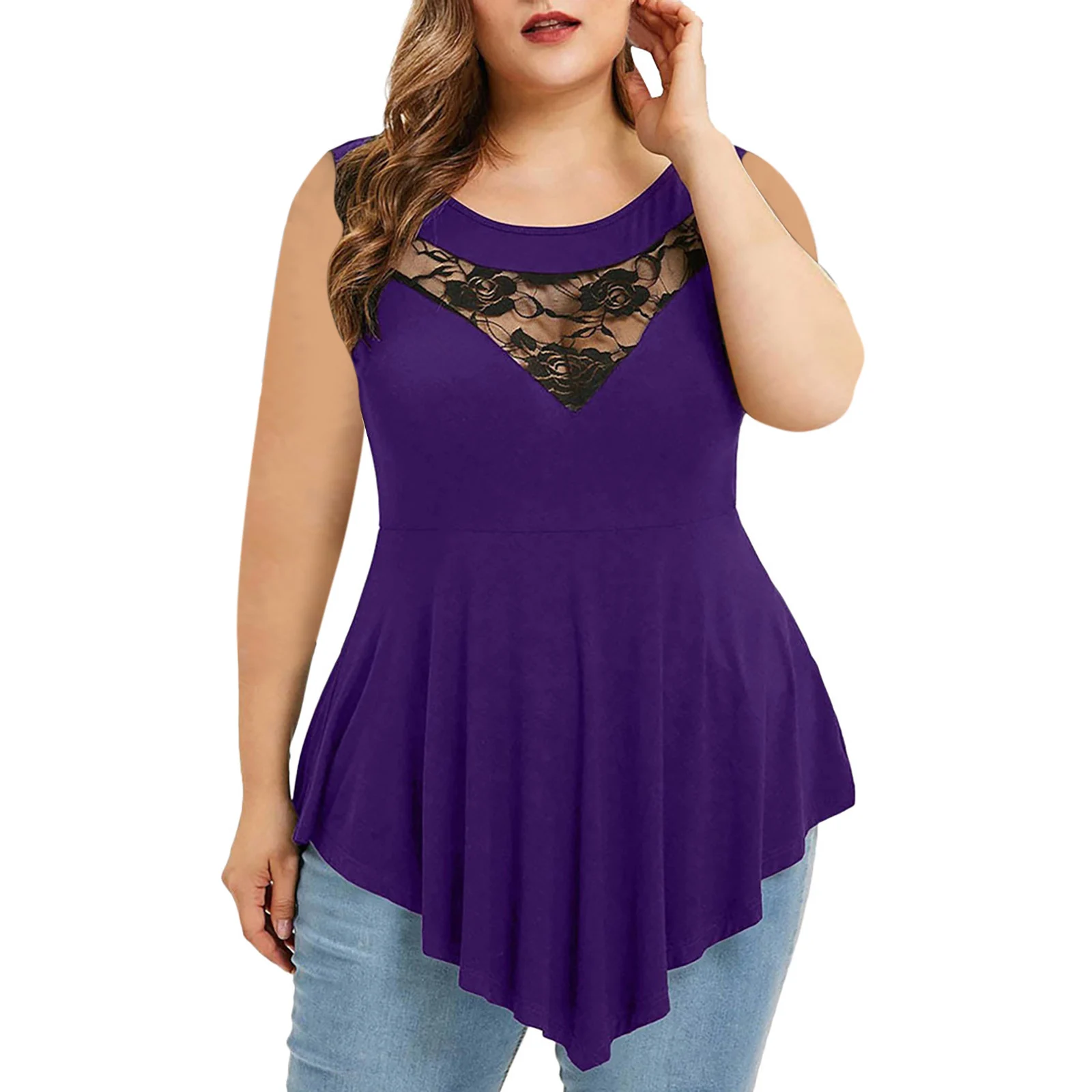 Womens Floral Lace Sleeveless Irregular-hem Sheer Round-neck Top — image 4