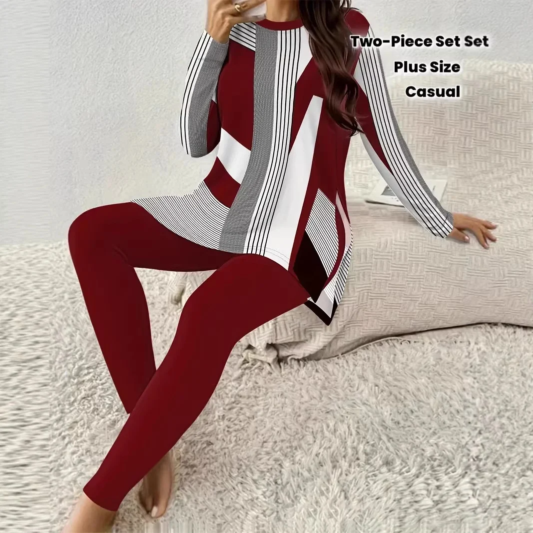 Womens Geometric-print Two-piece Set With A Slit Long-sleeve Top And Trousers — image 8