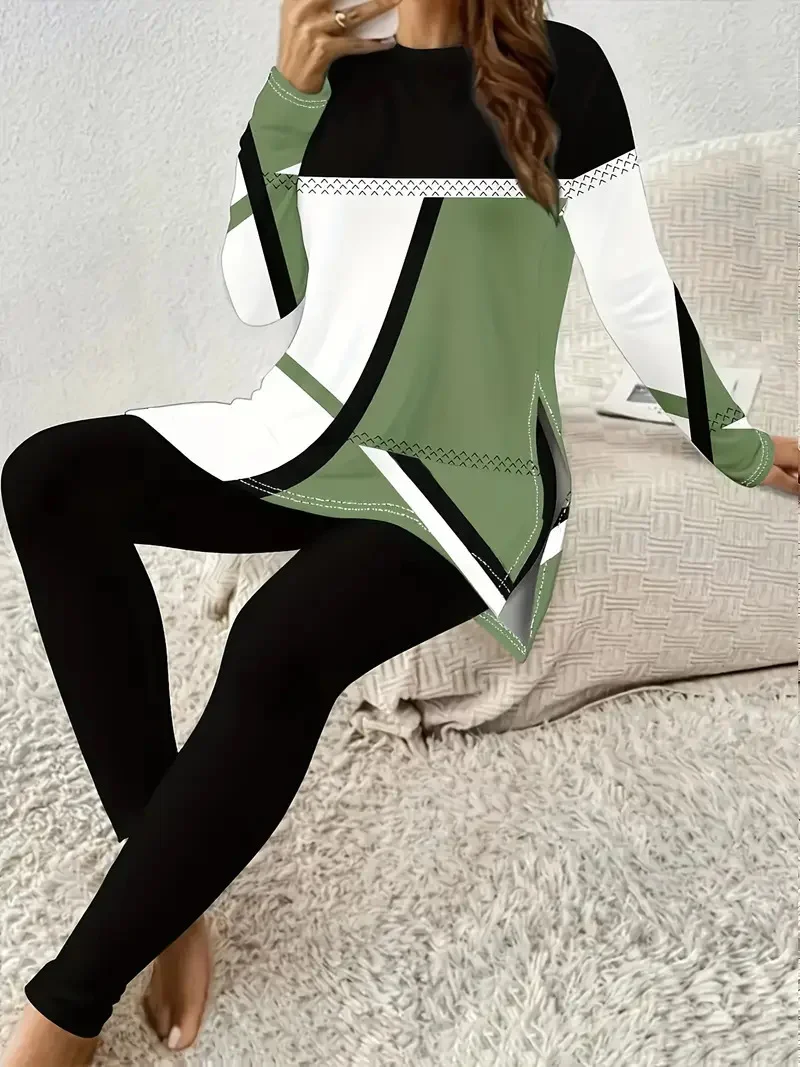 Womens Geometric-print Two-piece Set With A Slit Long-sleeve Top And Trousers — image 6