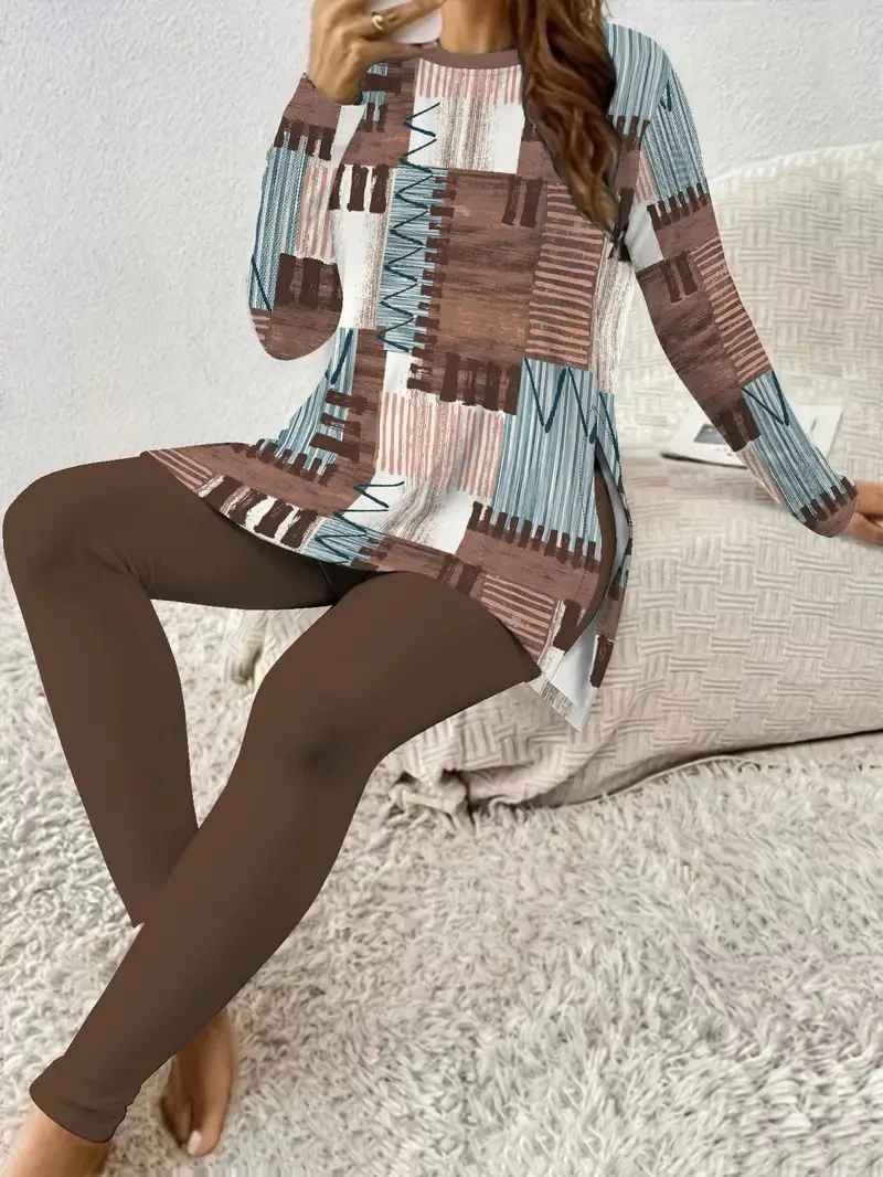 Womens Geometric-print Two-piece Set With A Slit Long-sleeve Top And Trousers — image 10