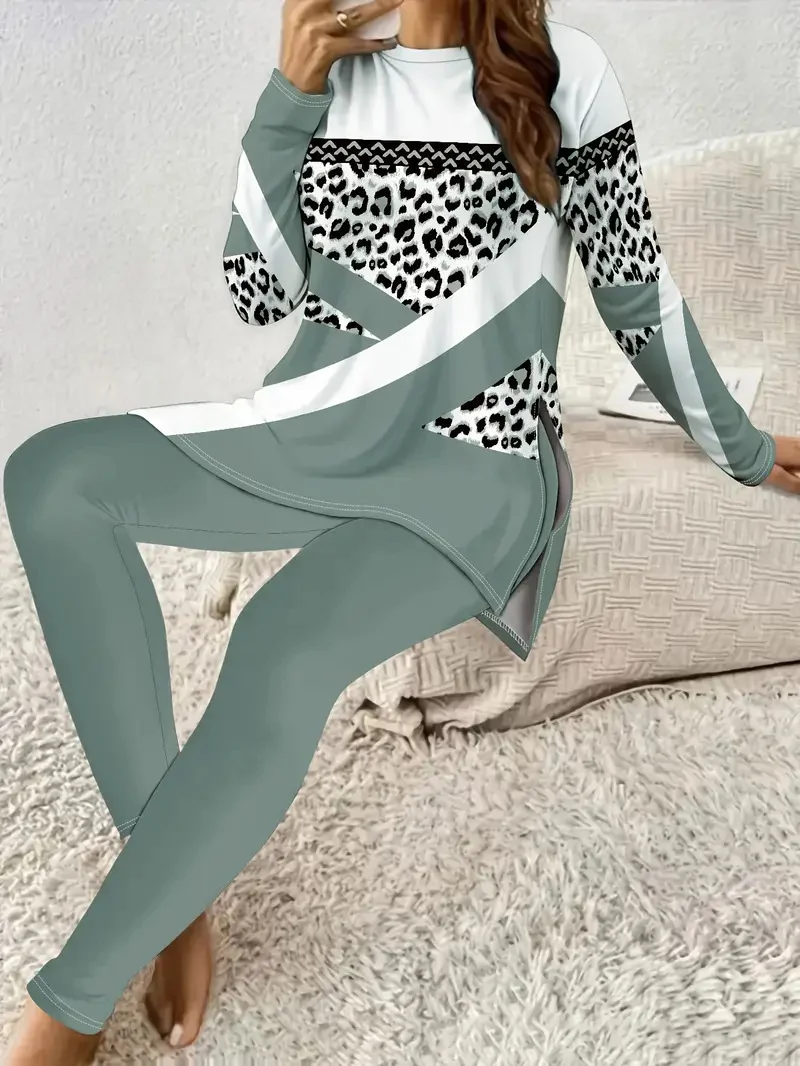 Womens Geometric-print Two-piece Set With A Slit Long-sleeve Top And Trousers — image 9