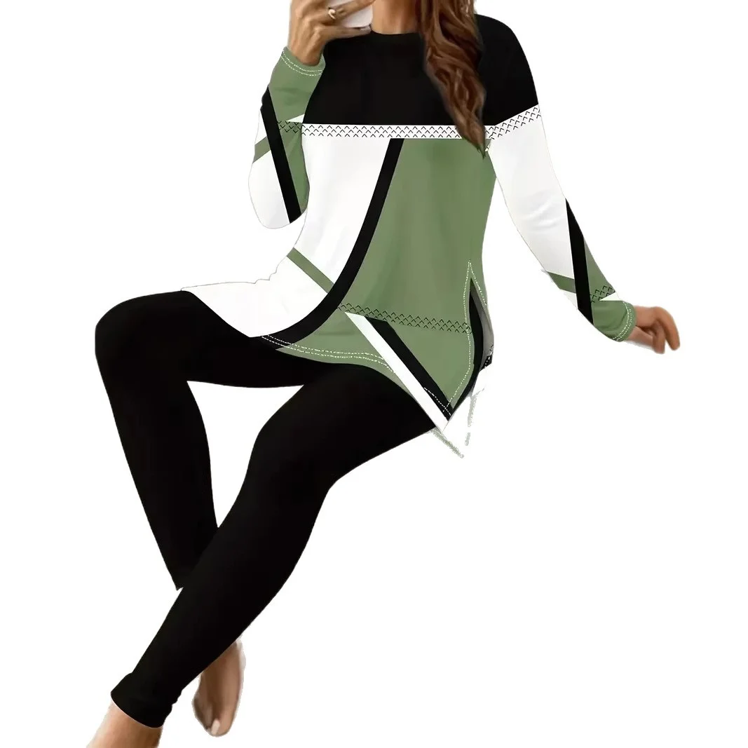 Womens Geometric-print Two-piece Set With A Slit Long-sleeve Top And Trousers — image 4