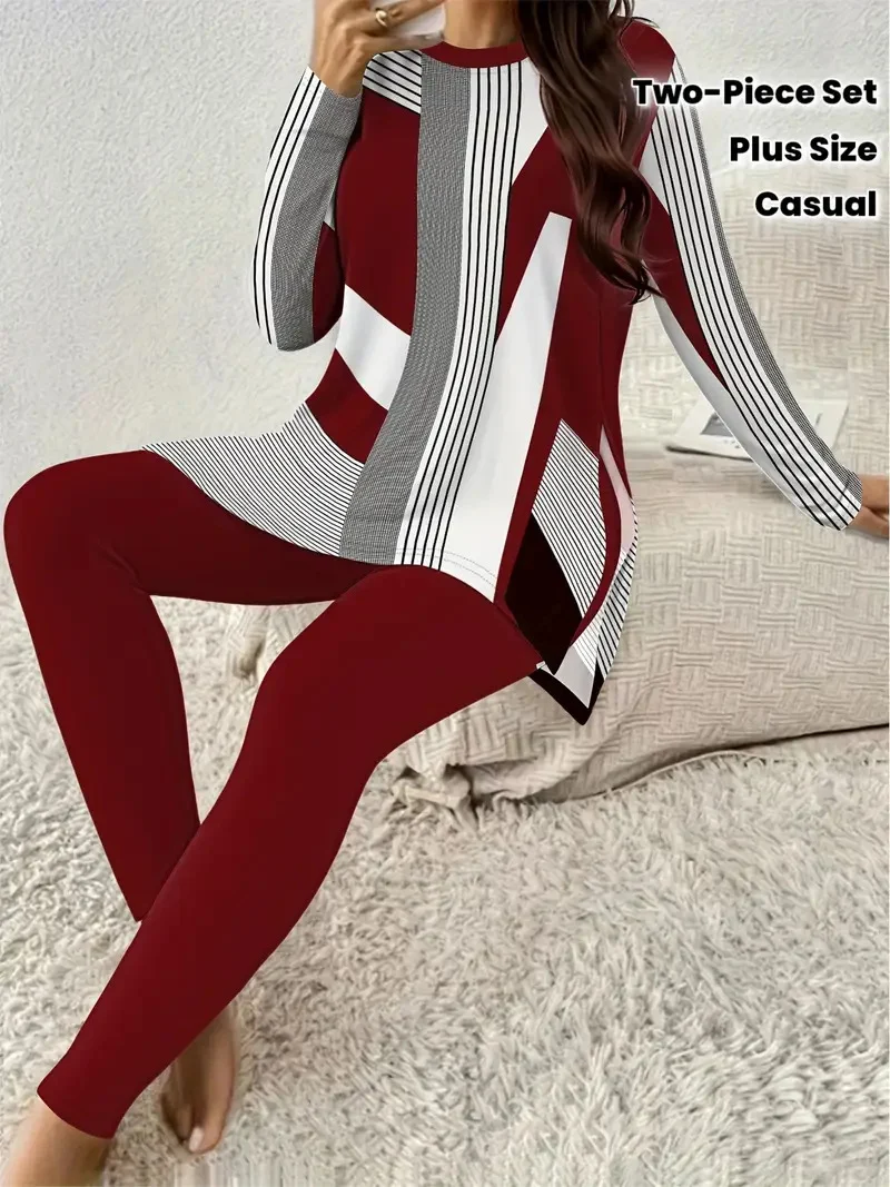 Womens Geometric-print Two-piece Set With A Slit Long-sleeve Top And Trousers — image 3