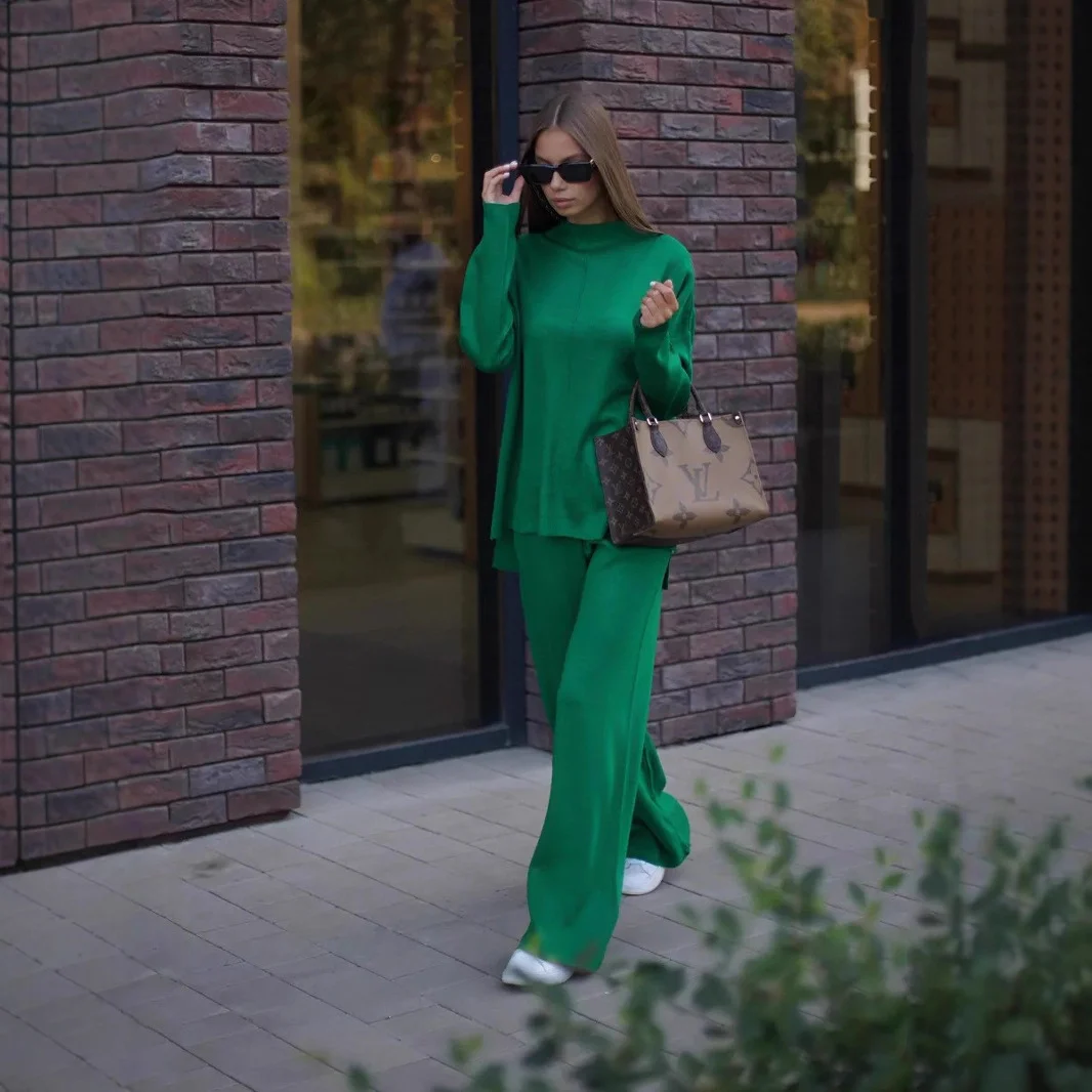 Womens Loose-fitting Half-neck Knit Sweater And Straight-leg Wide-leg Pants Set — image 6