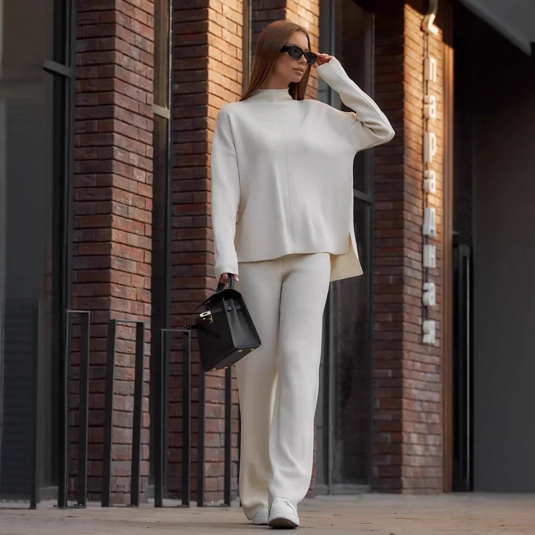 Womens Loose-fitting Half-neck Knit Sweater And Straight-leg Wide-leg Pants Set — image 3