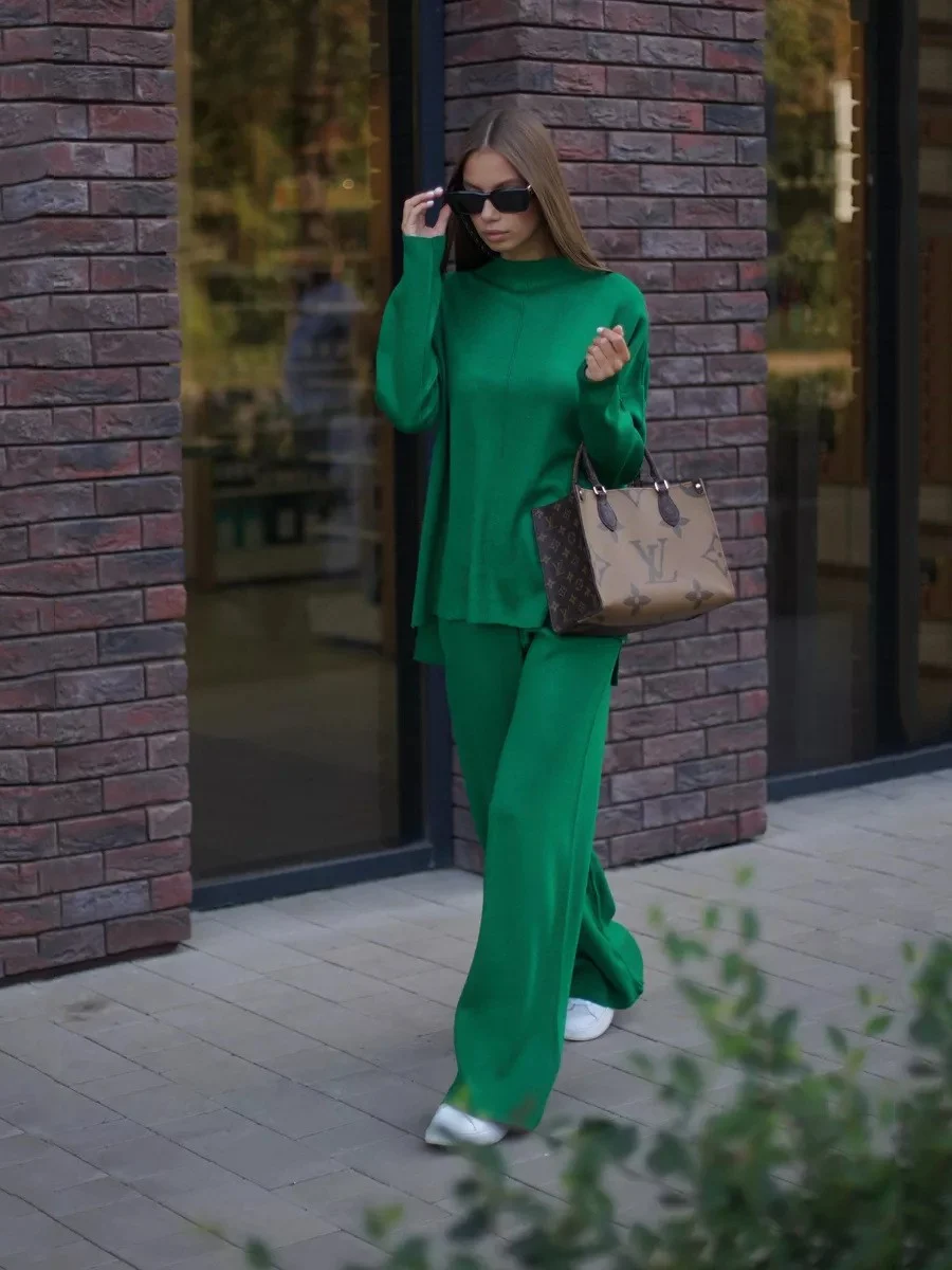 Womens Loose-fitting Half-neck Knit Sweater And Straight-leg Wide-leg Pants Set — image 5