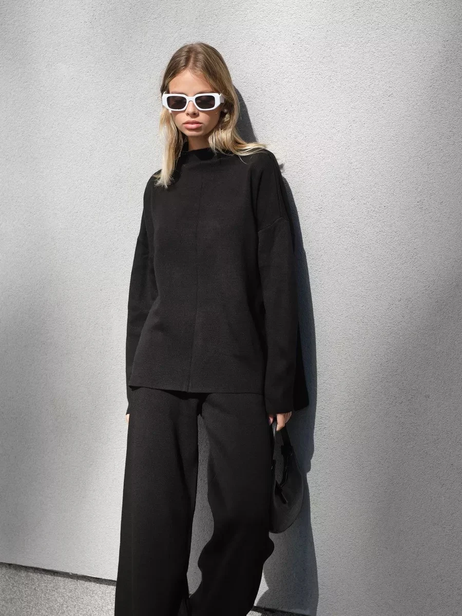 Womens Loose-fitting Half-neck Knit Sweater And Straight-leg Wide-leg Pants Set — image 2
