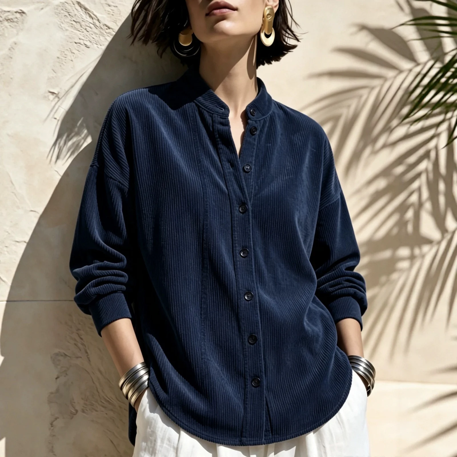 Womens Loose-fitting Stand-collar Short-sleeve Blouse Shirt — image 2